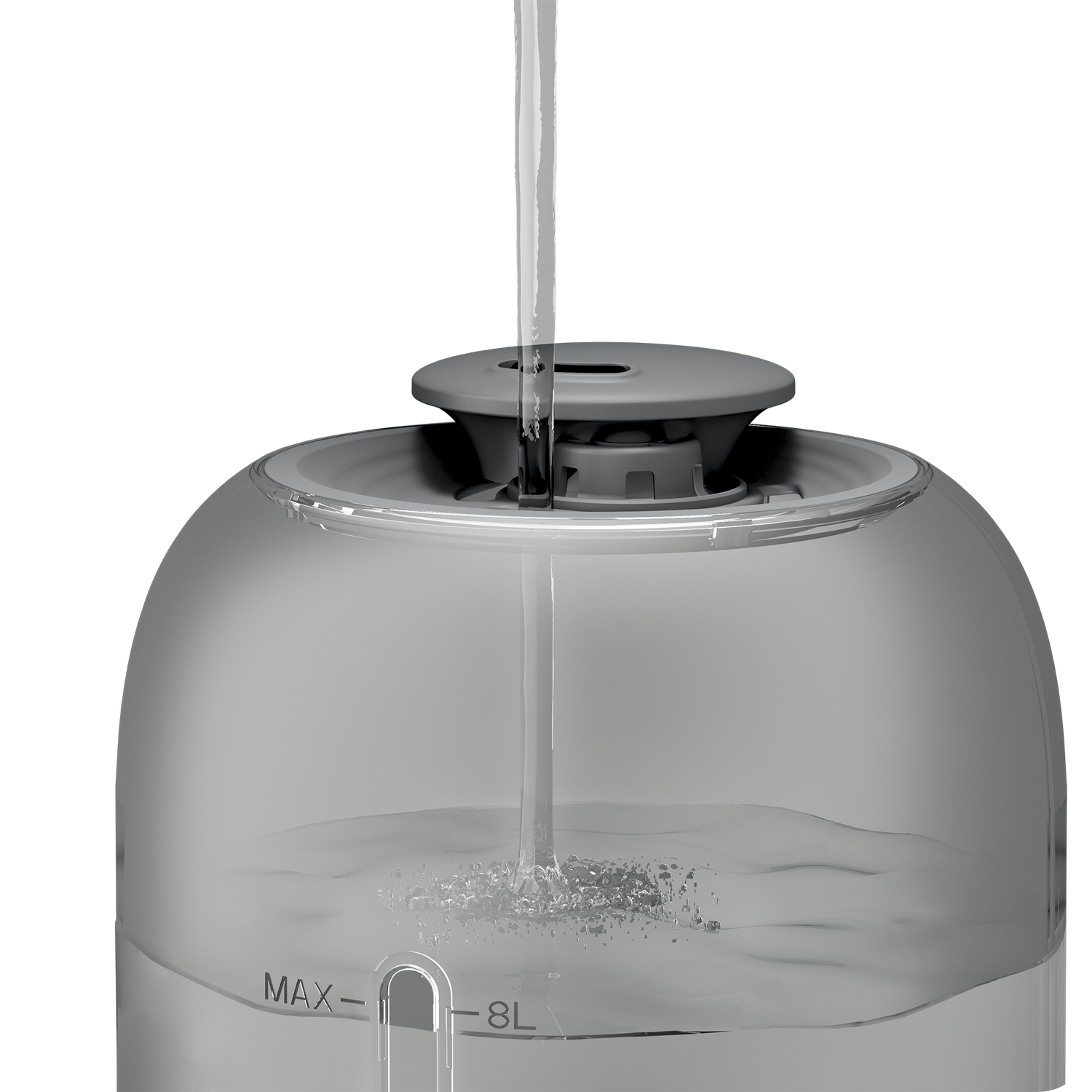 Close-up of water being poured into the top-fill tank of a MODEX humidifier.