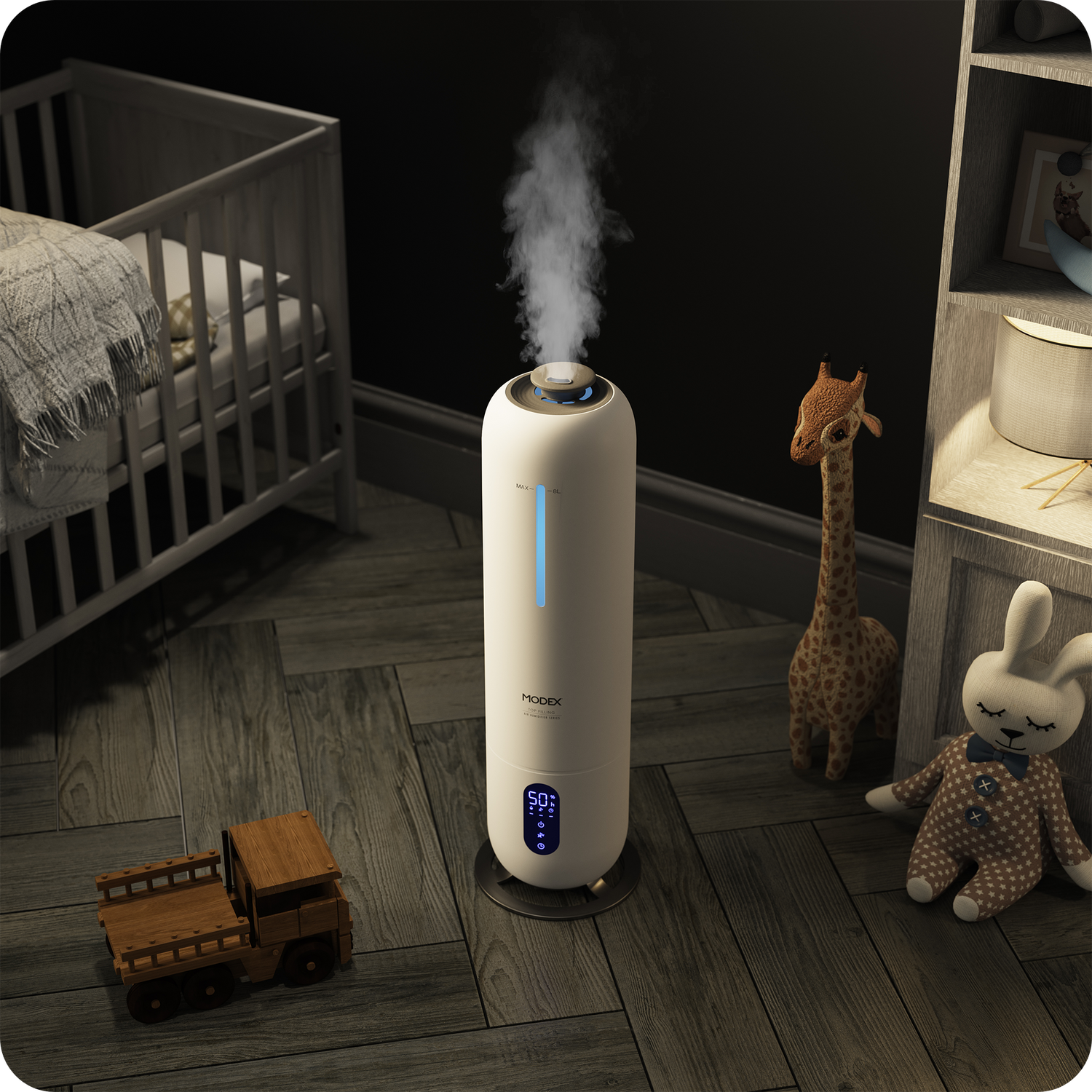 MODEX humidifier releasing mist in a nursery beside a crib and children’s toys.