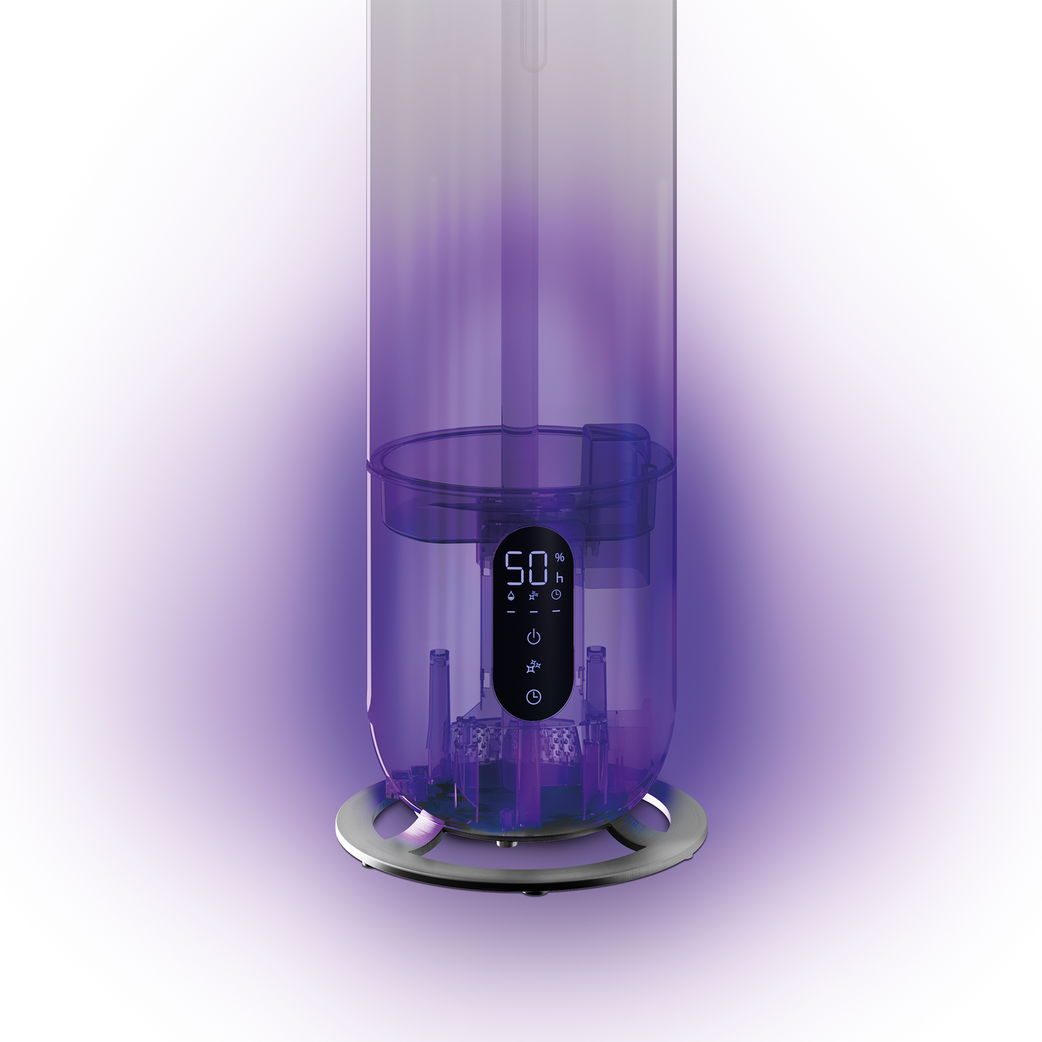 Transparent view of a humidifier showing internal UV sterilization technology and digital display.