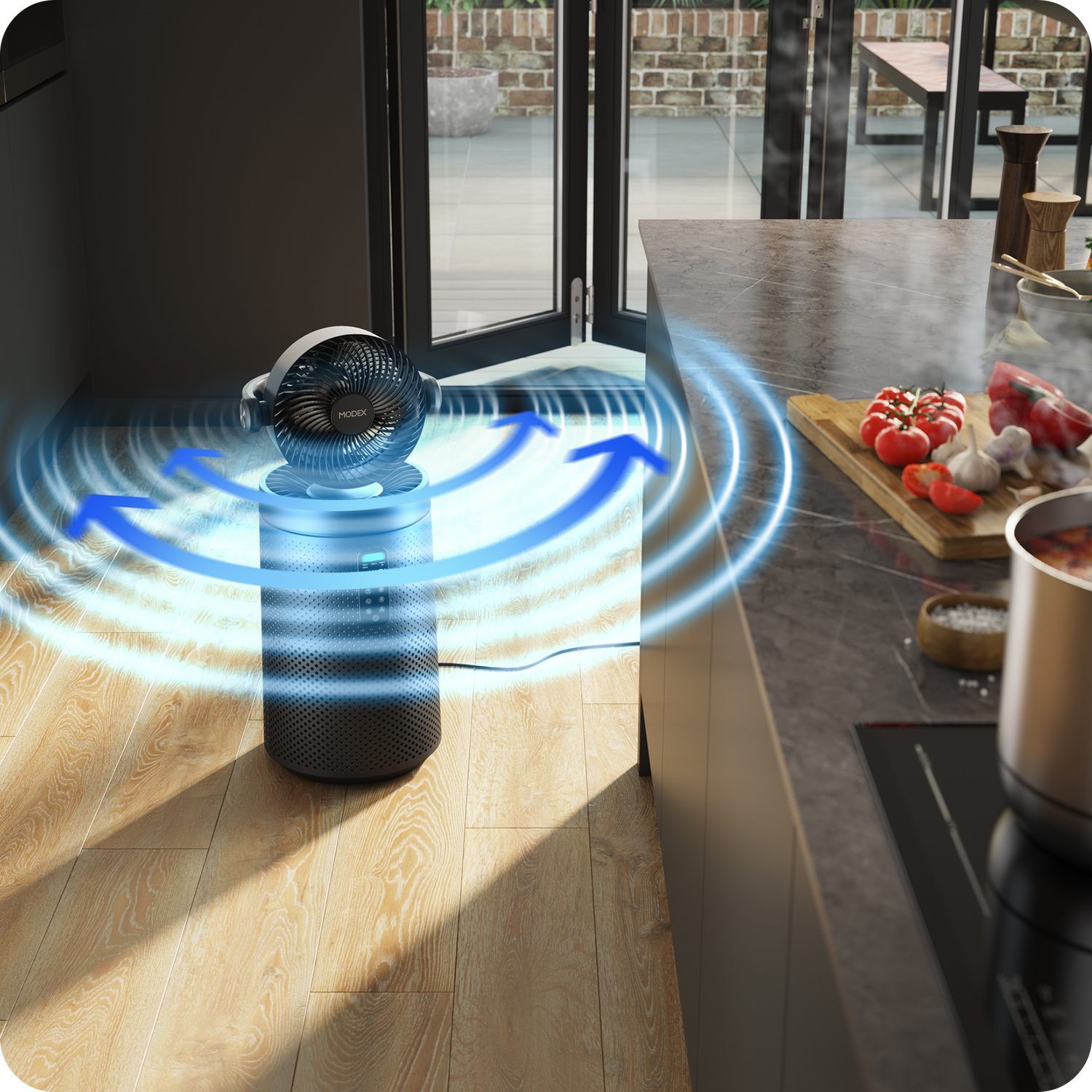 MODEX AP1900 air purifier helping reduce cooking odors in a kitchen with wide airflow circulation