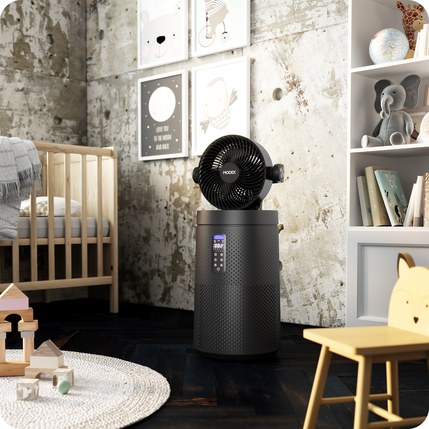 MODEX AP1900 air purifier in a kids’ room, designed for quiet sleep comfort and child-safe protection.