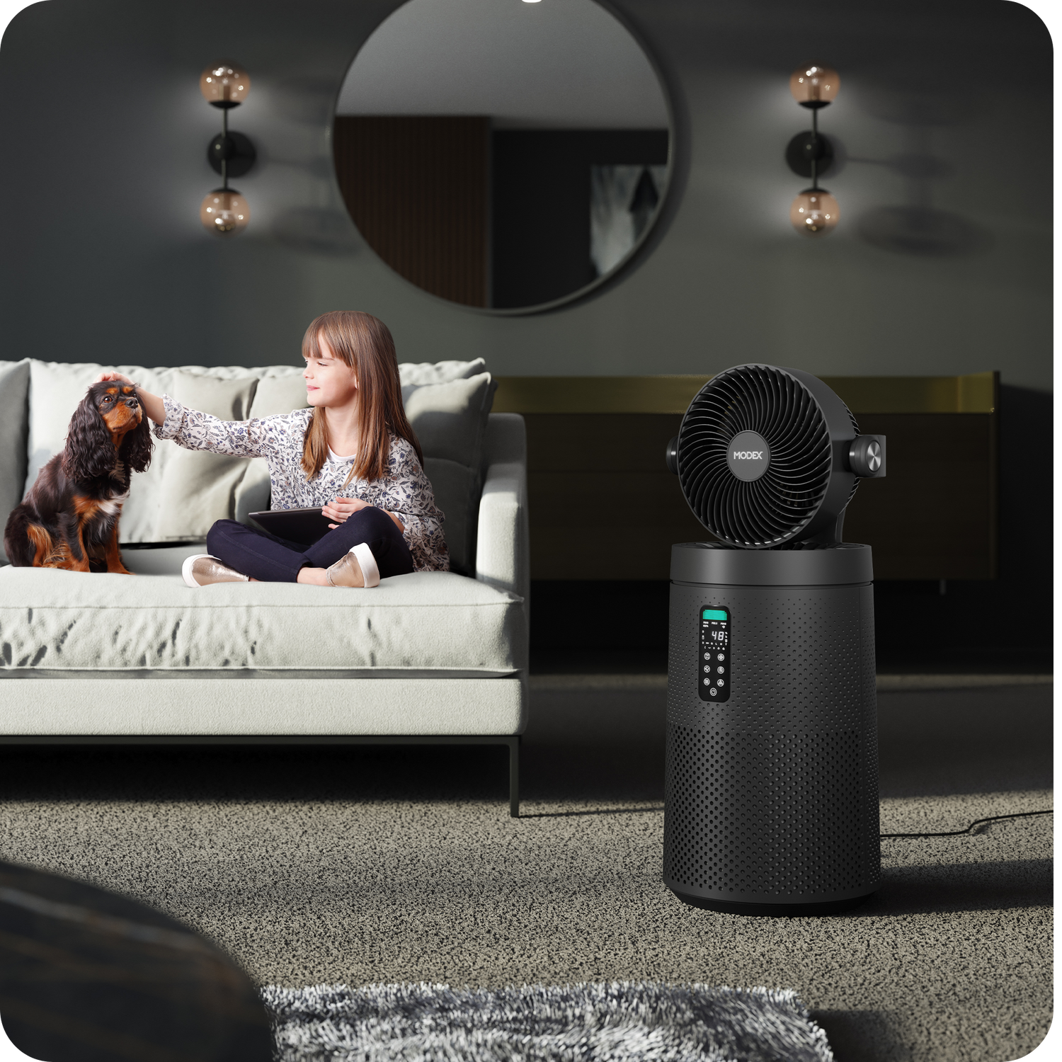 MODEX AP1900 air purifier beside a sofa with a child and dog in a living room.
