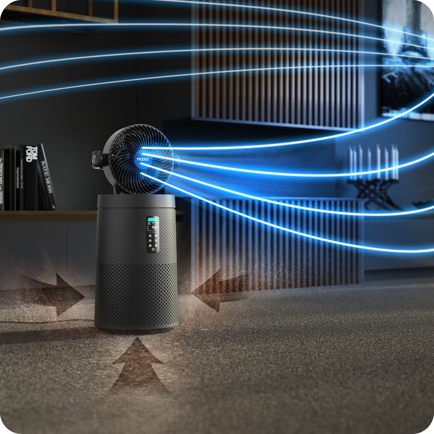 MODEX AP1900 air purifier projecting long-range airflow across a room with blue air stream graphics.