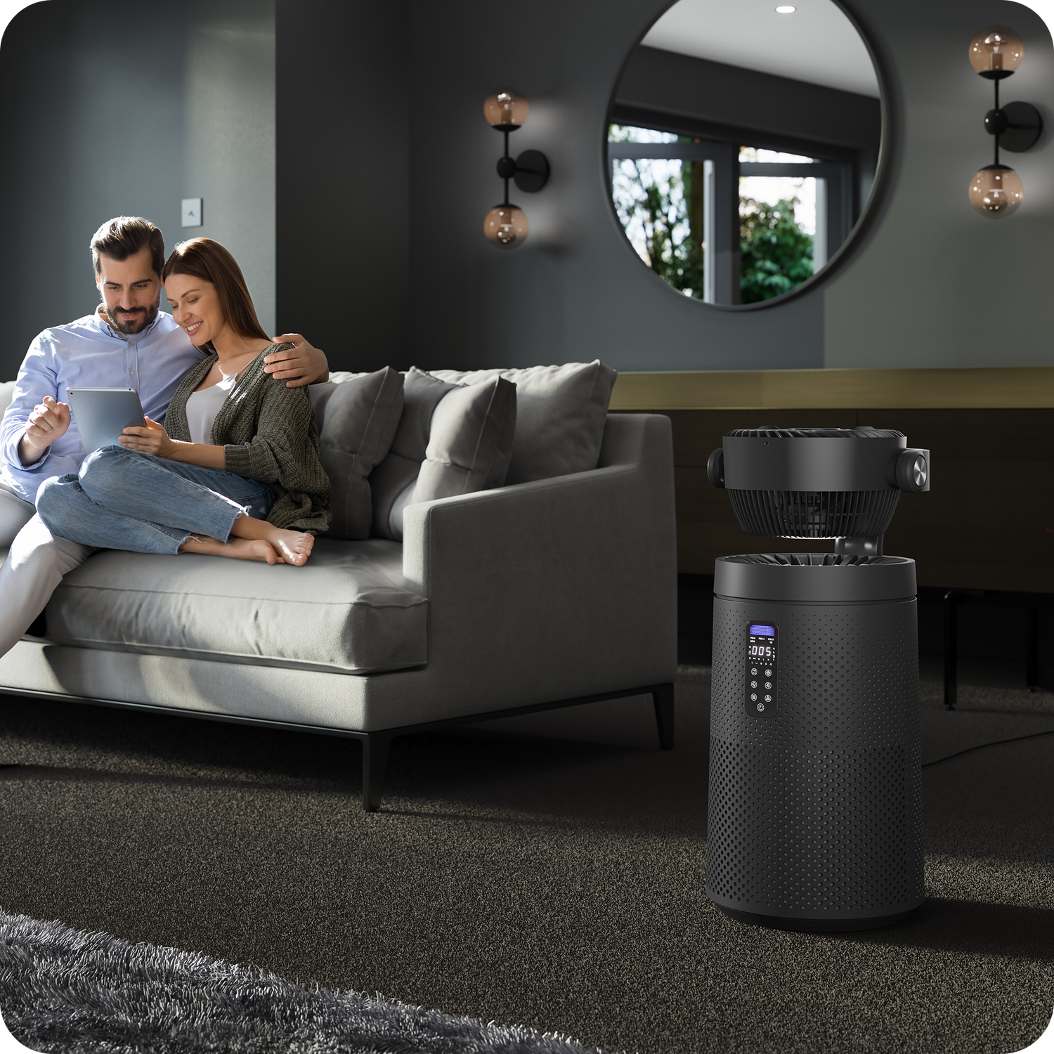 MODEX AP1900 air purifier with 3D fan rotation for left-right and up-down air circulation in large spaces.