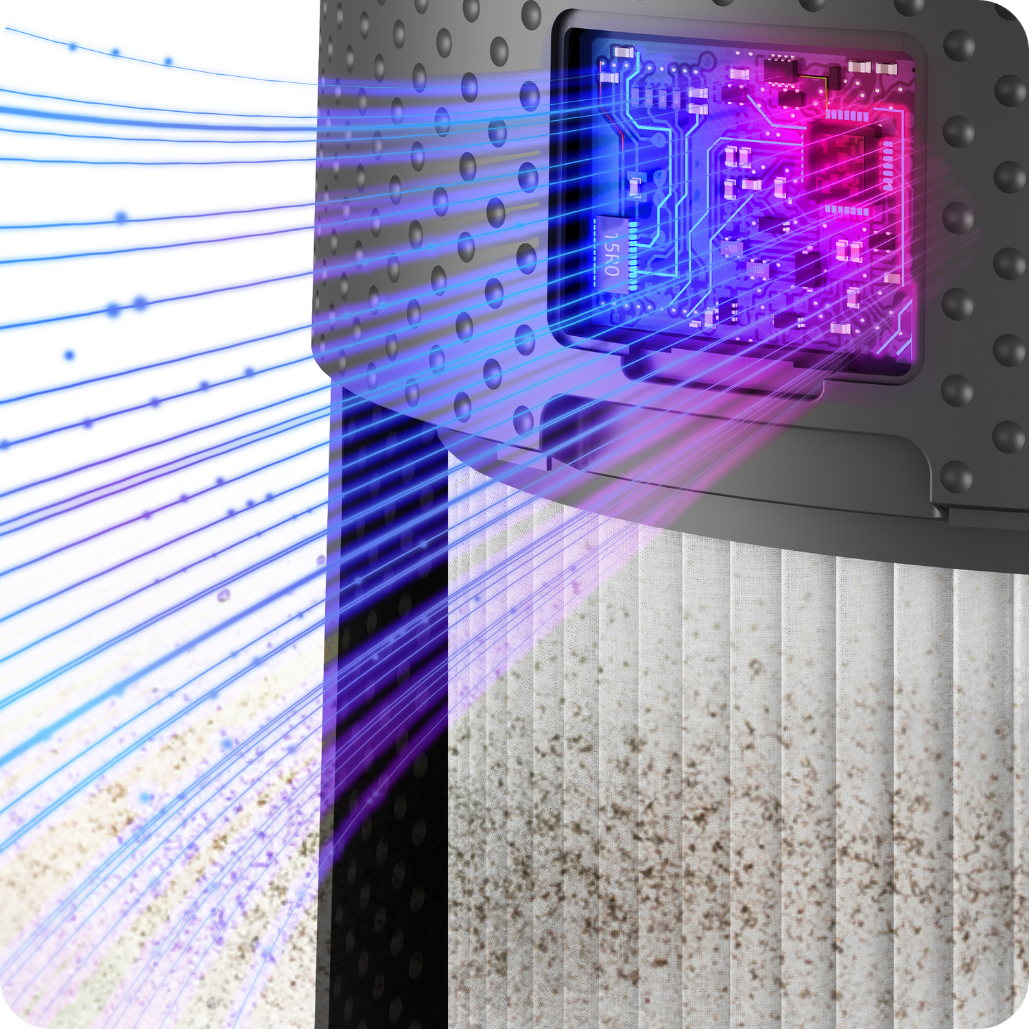 Close-up graphic of the AP1900 laser sensor and filter system detecting airborne particles.