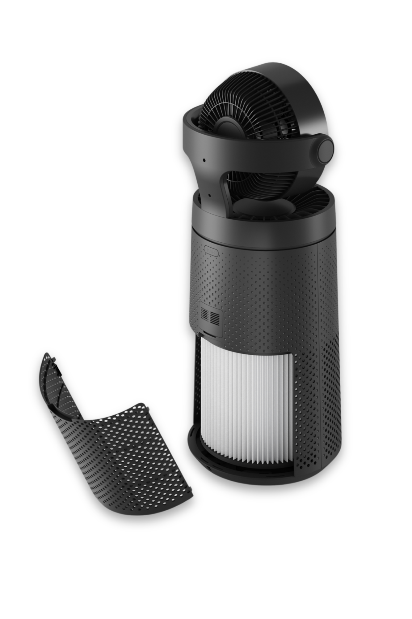 Black air purifier with filter on a white background