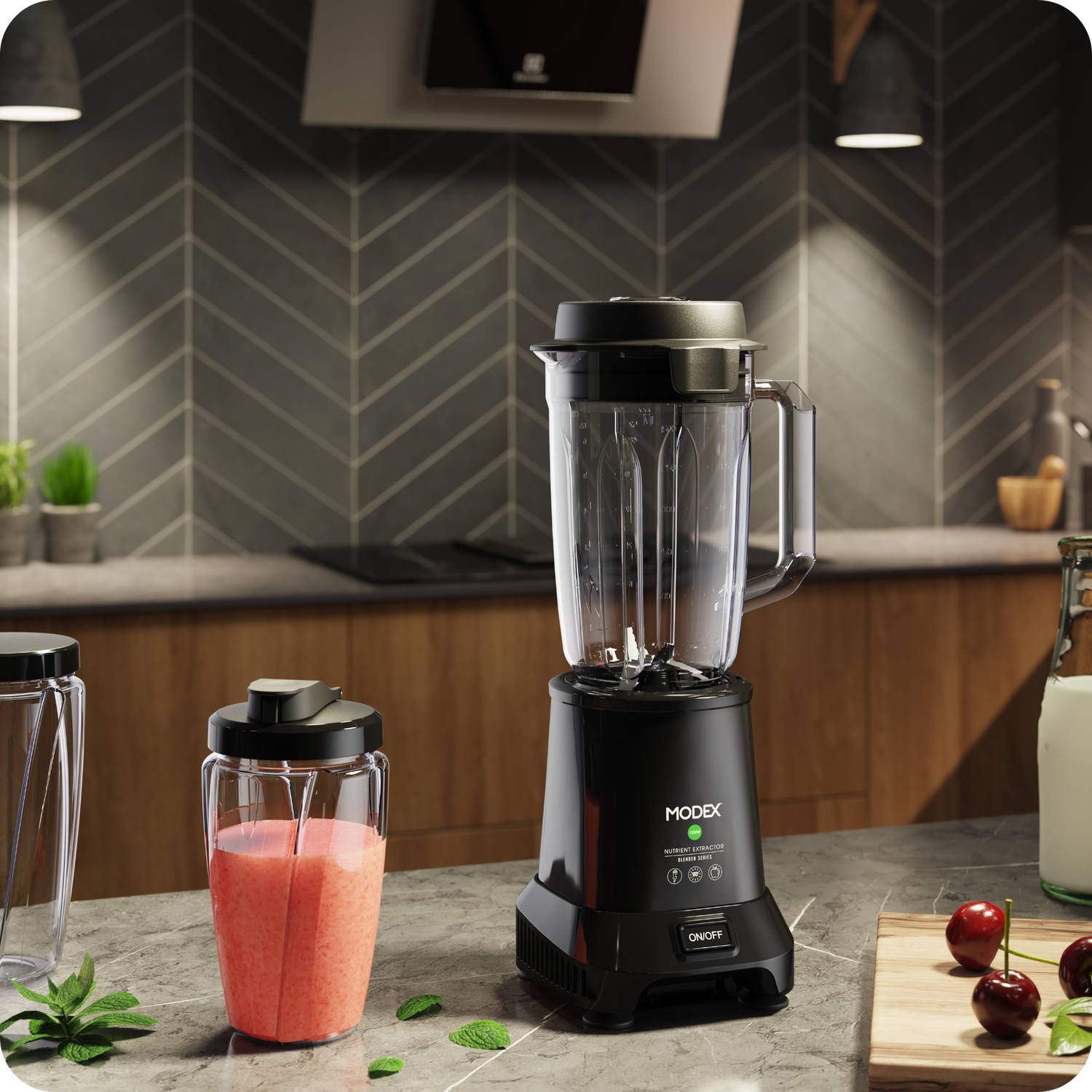 MODEX BL911 blender with large blending jug and takeaway cup on a kitchen counter.