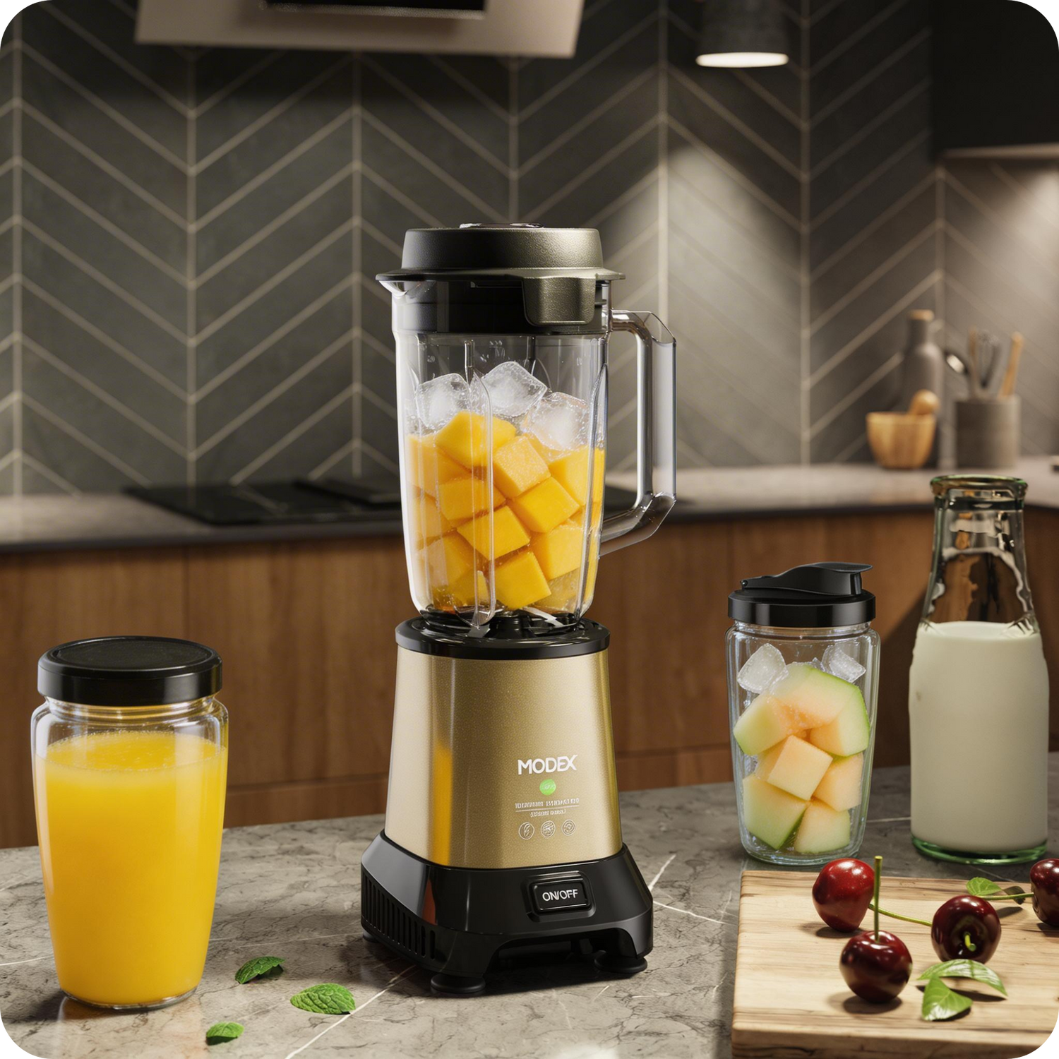 MODEX BL911 blender with mango cubes and ice, ready to prepare a cold smoothie.