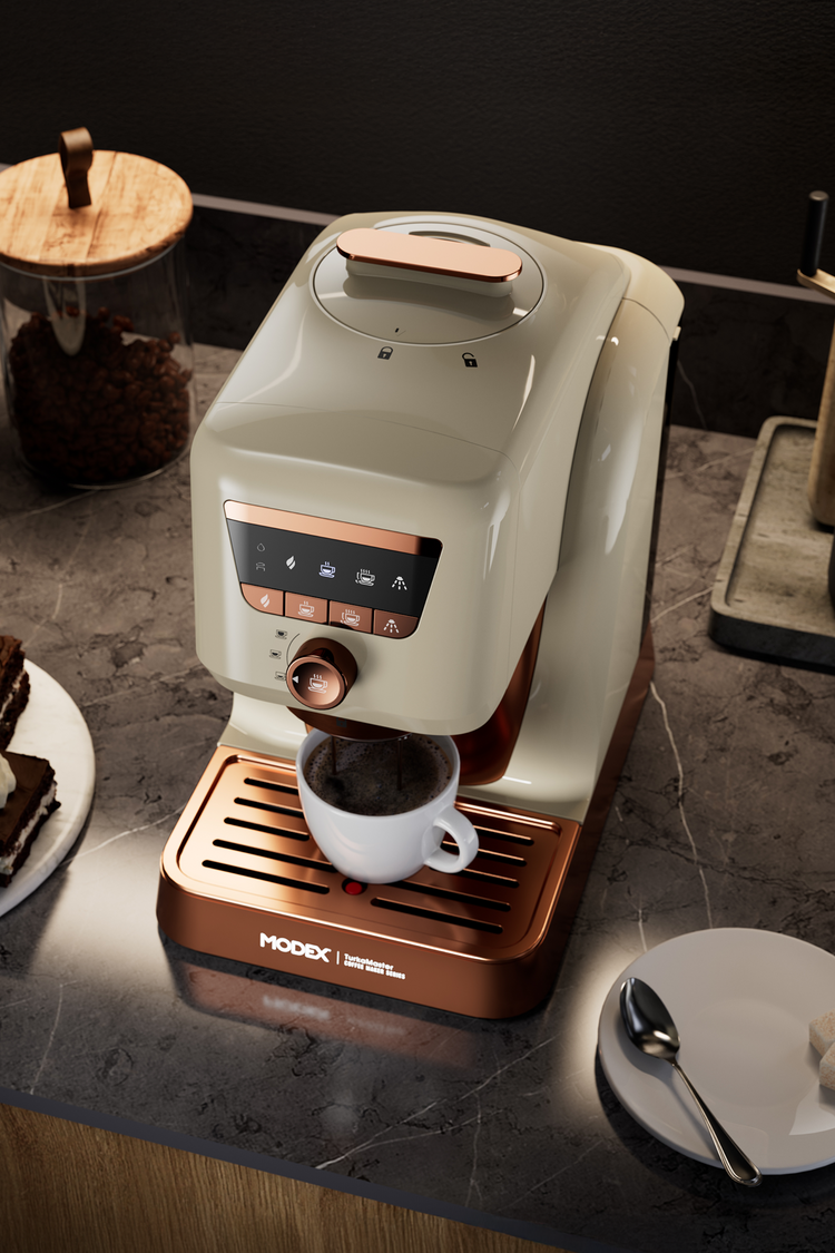 Coffee machine dispensing a cup of coffee on a kitchen counter with desserts in the background.