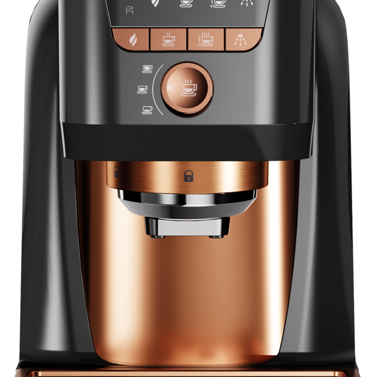 Coffee machine with bronze and black design on a white background