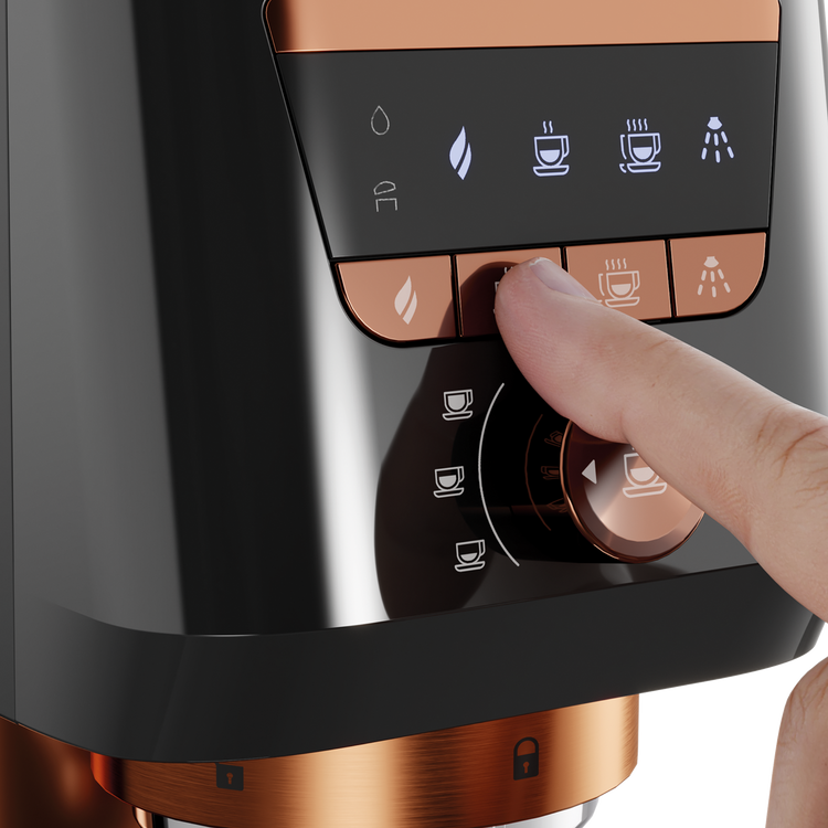Hand pressing a button on a coffee machine with control panel