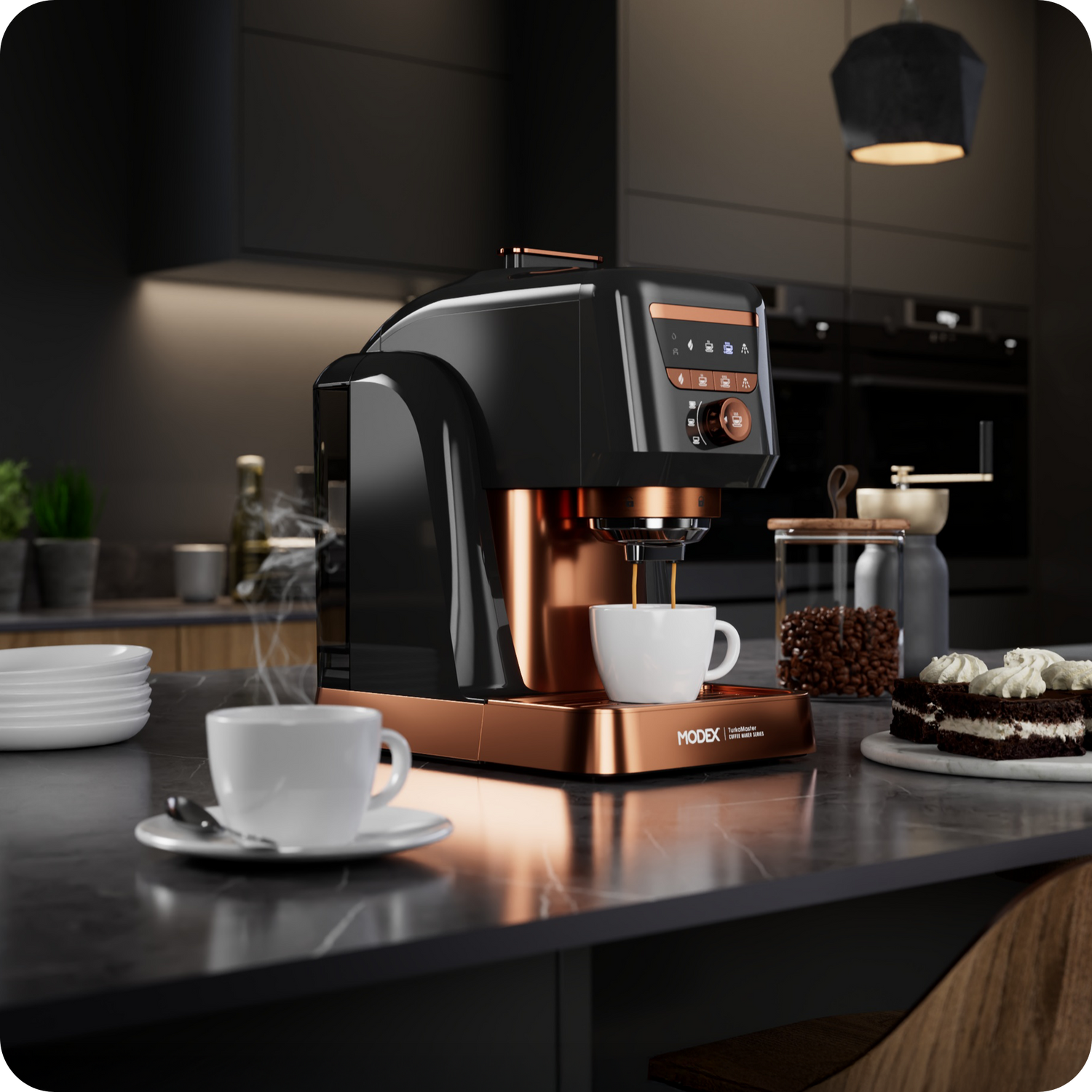 Coffee machine on a kitchen counter with a cup of coffee and cake