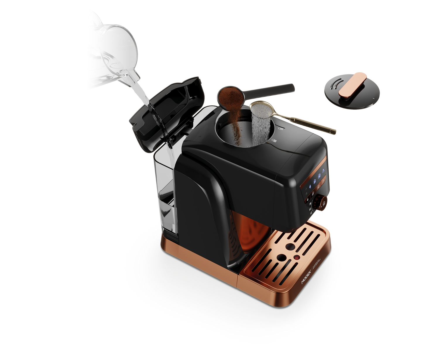 Black and copper espresso machine with accessories on a white background