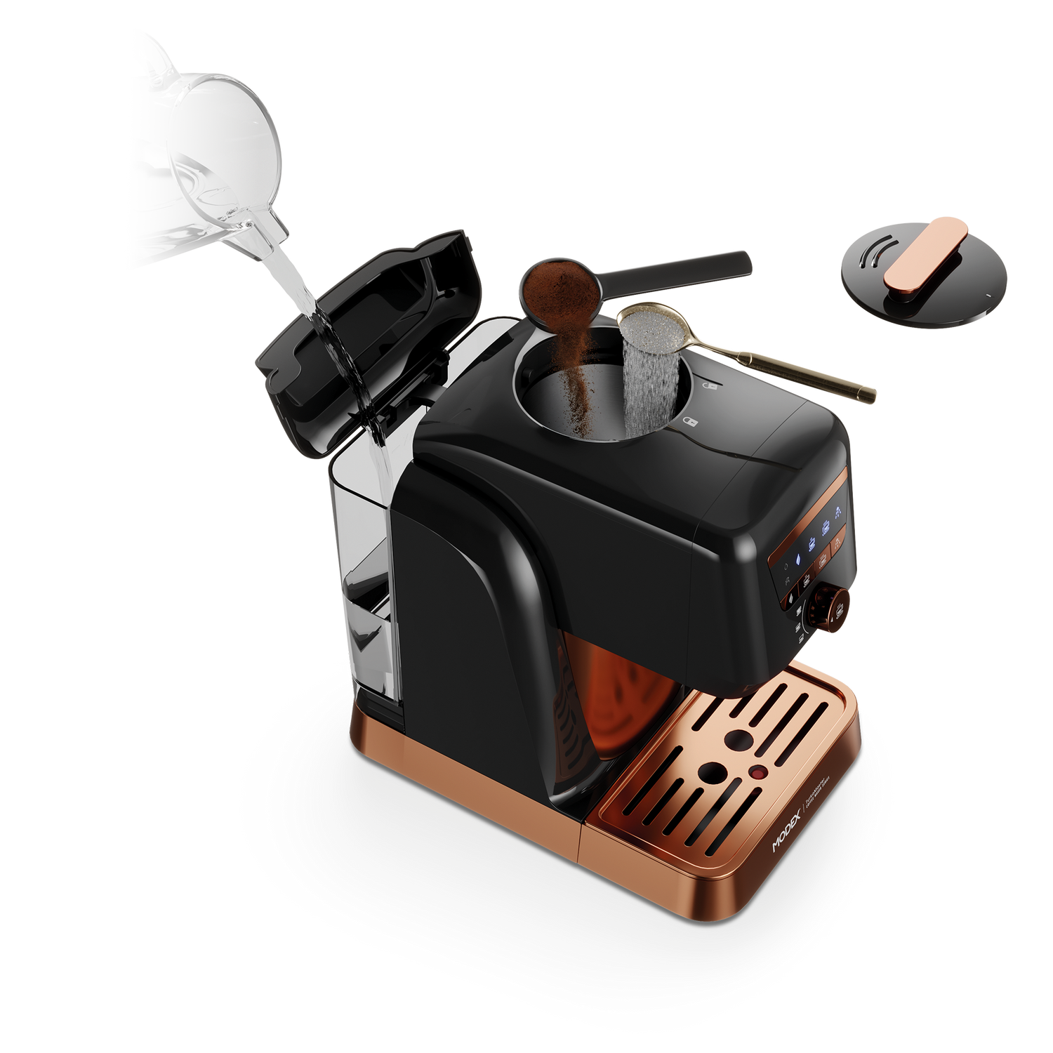 Black and copper espresso machine with accessories on a white background