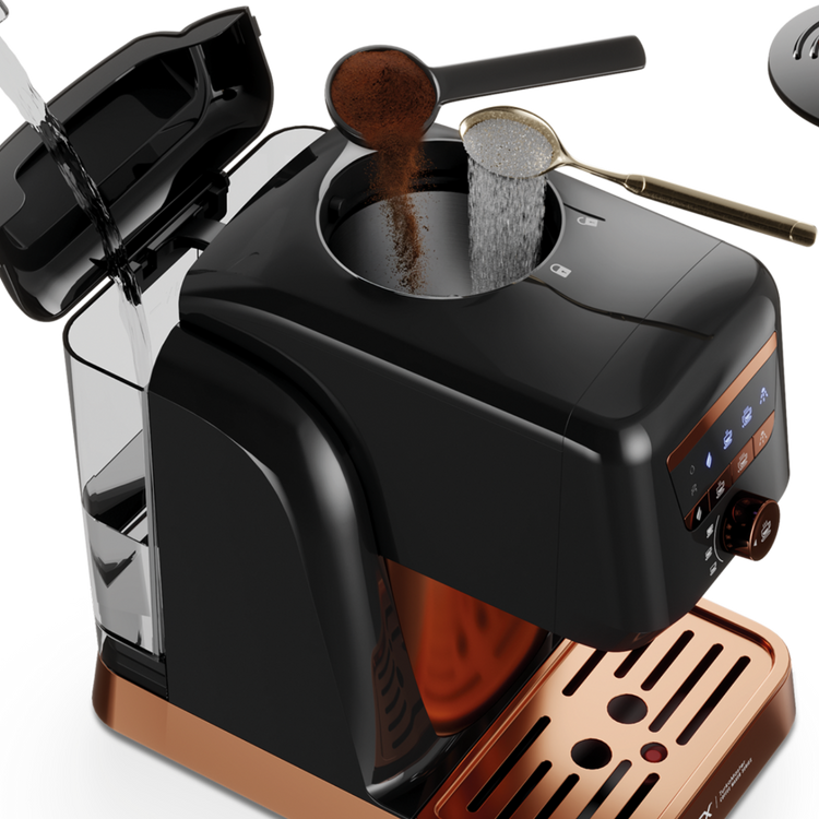 Black and copper espresso machine with accessories on a white background