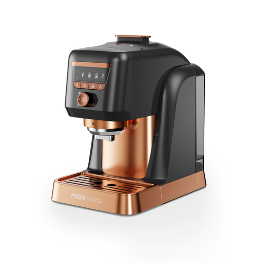 Black and copper espresso machine on a white background