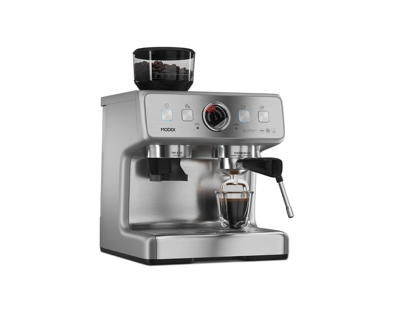 Silver espresso machine with a clear container of coffee beans on a white background