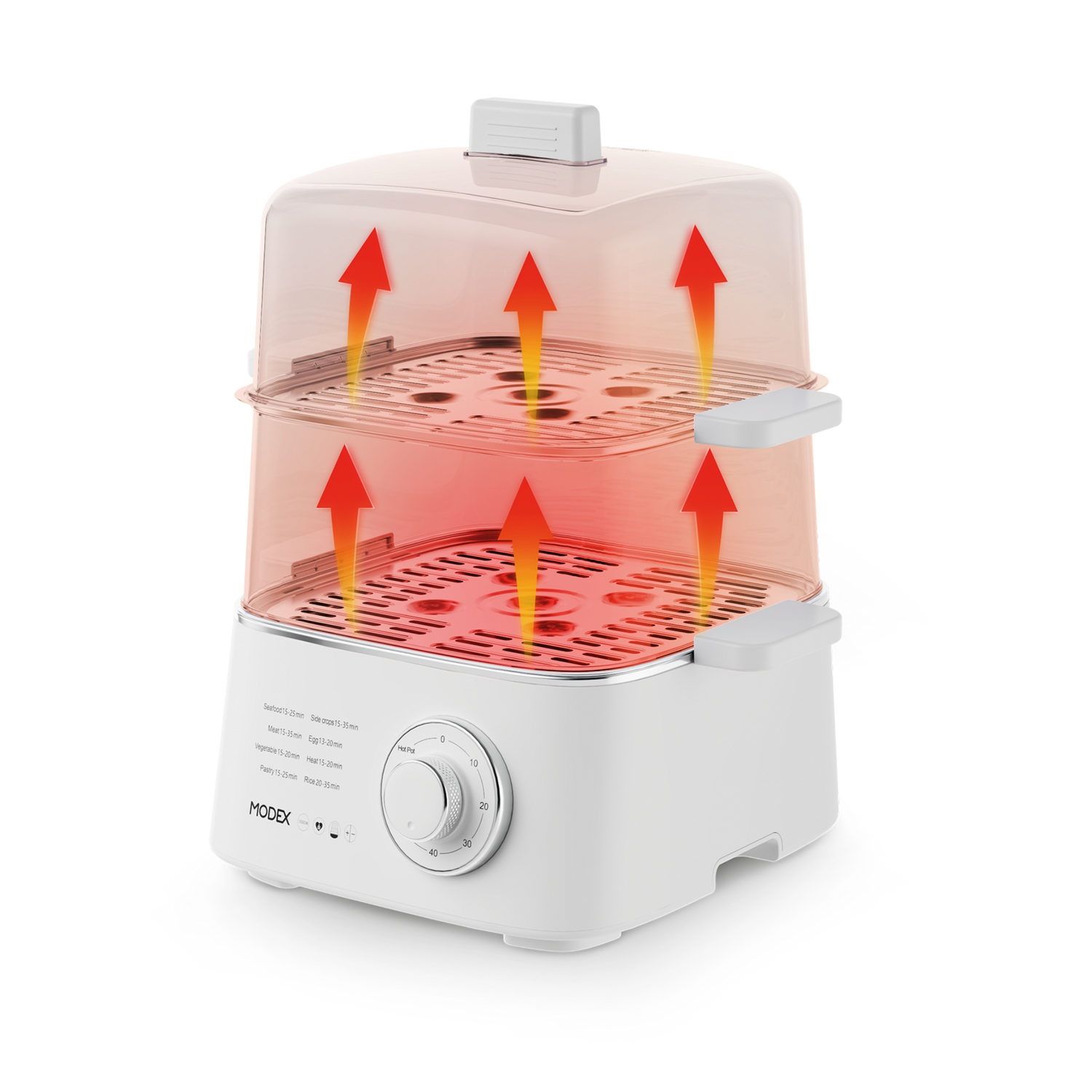 MODEX food steamer showing upward heat and steam circulation through both cooking tiers.