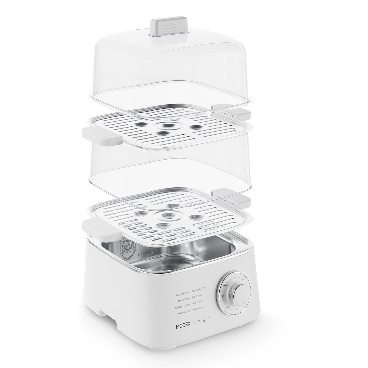Exploded view of the MODEX food steamer showing detachable tiers and trays for easy disassembly and cleaning.