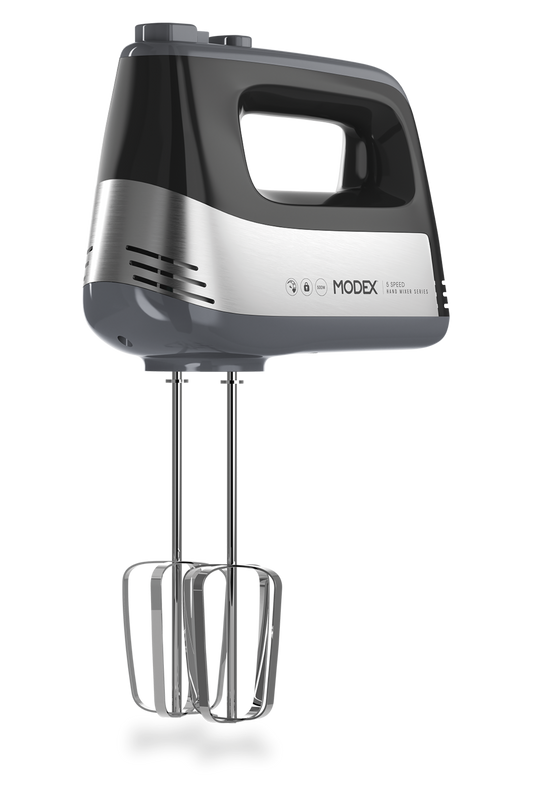 Hand mixer with black and silver design on a white background