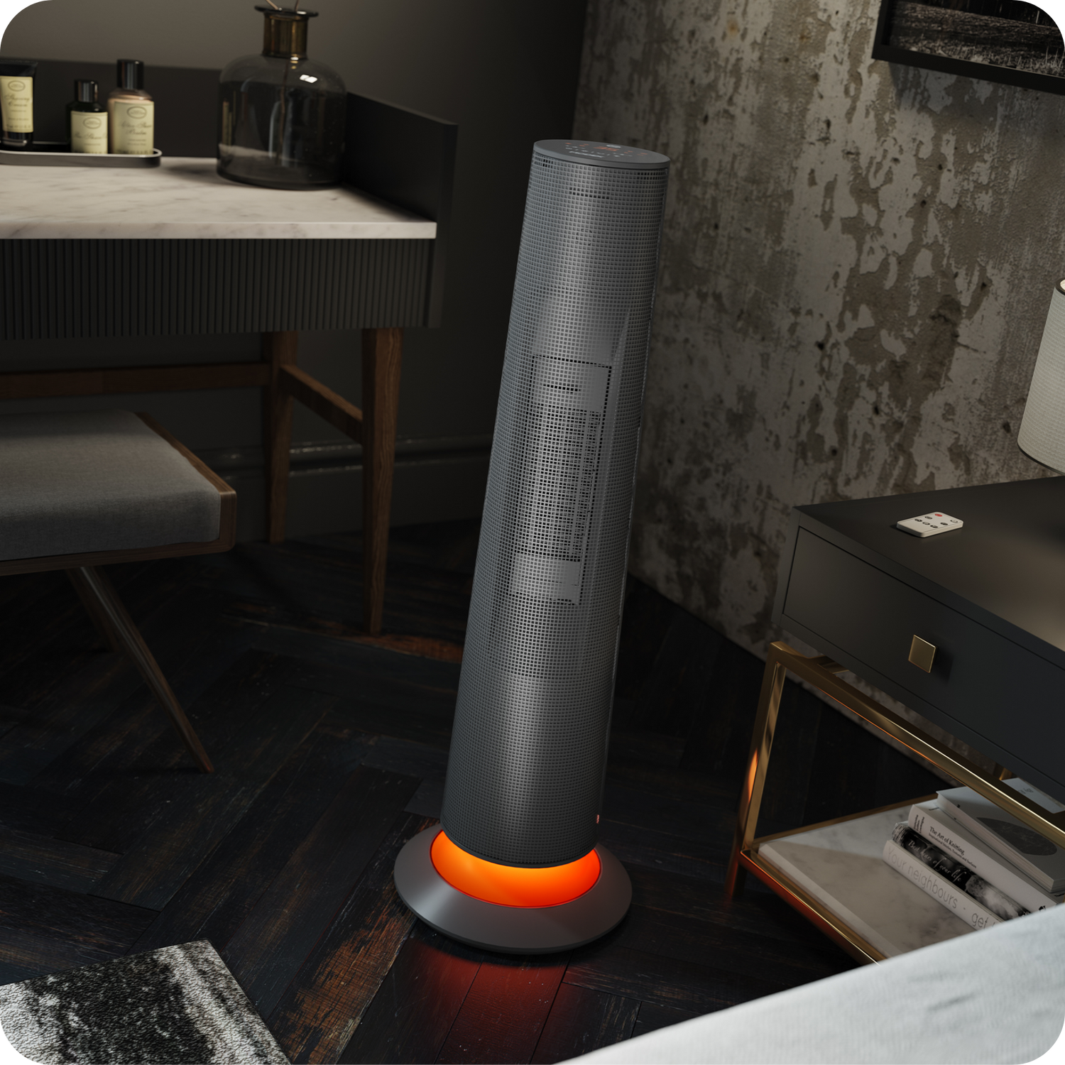 PTC6500 MODEX CERAMIC HEATER BLACK Tall cylindrical fan with orange light base in a modern room setting