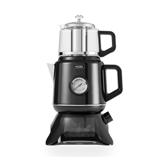 Modex TCS8010 tea maker, elegant black tea maker with glowing base and glass teapot on kitchen counter