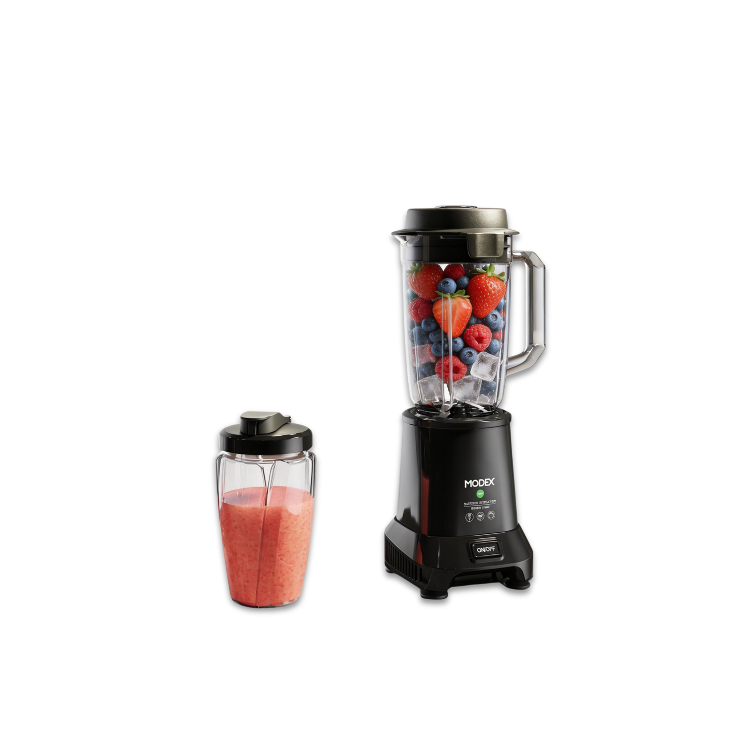 Blender with a container of smoothie and another container filled with fruits on a white background