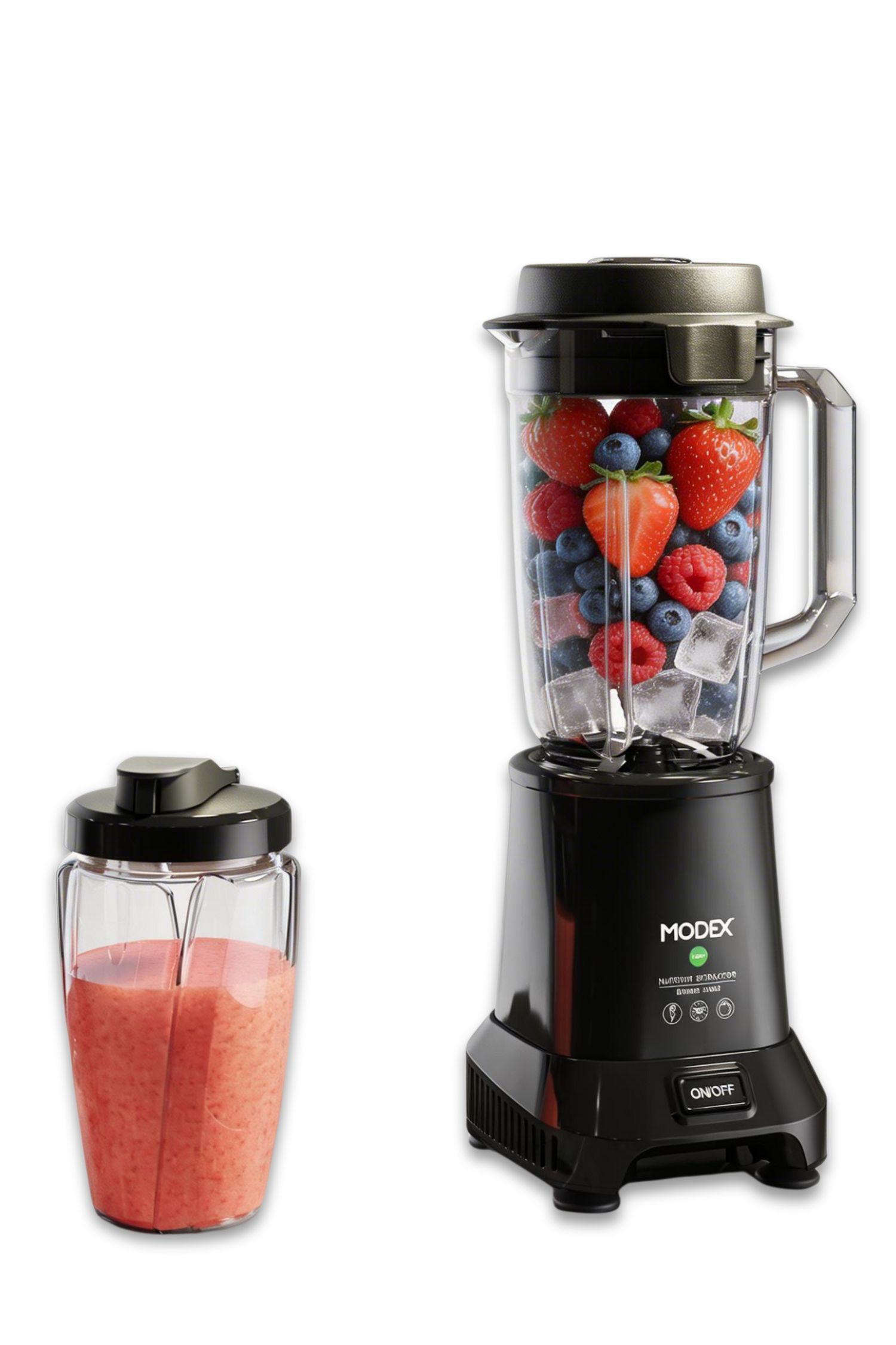 Blender with a container of smoothie and another container filled with fruits on a white background