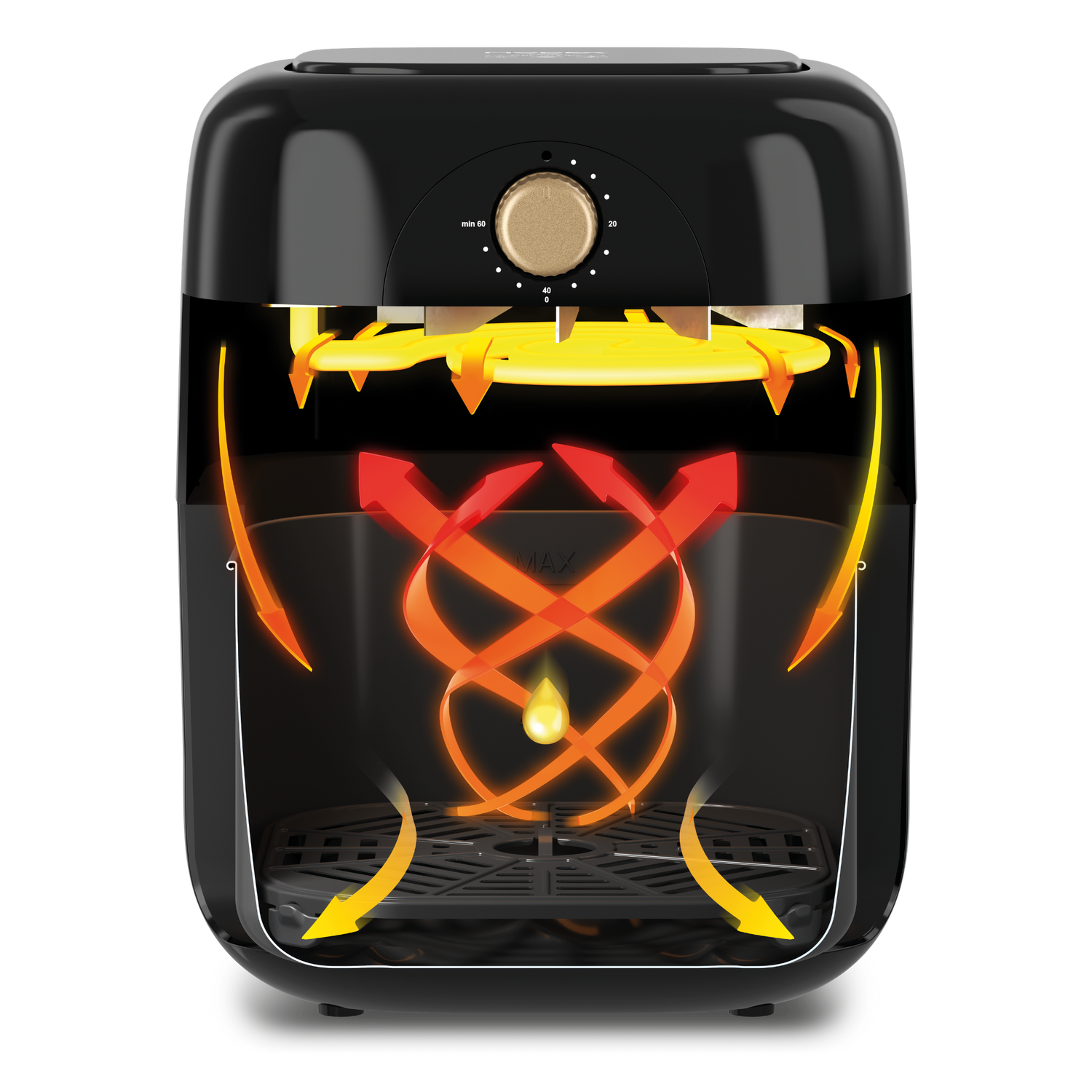Black air fryer with fiery design on a white background