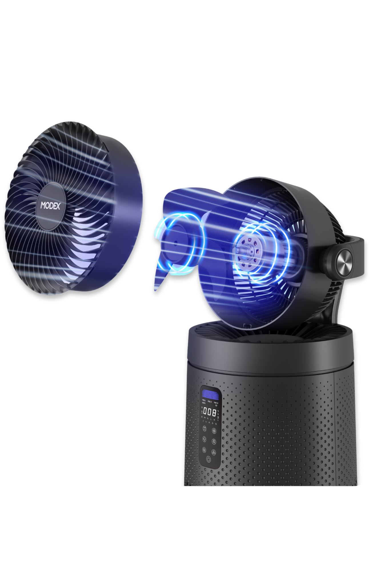 Black humidifier with blue LED lights on a white background