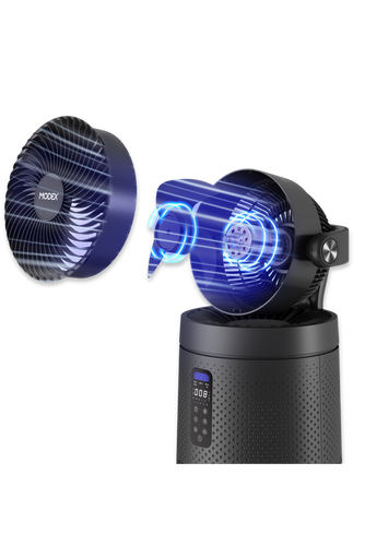 Black humidifier with blue LED lights on a white background