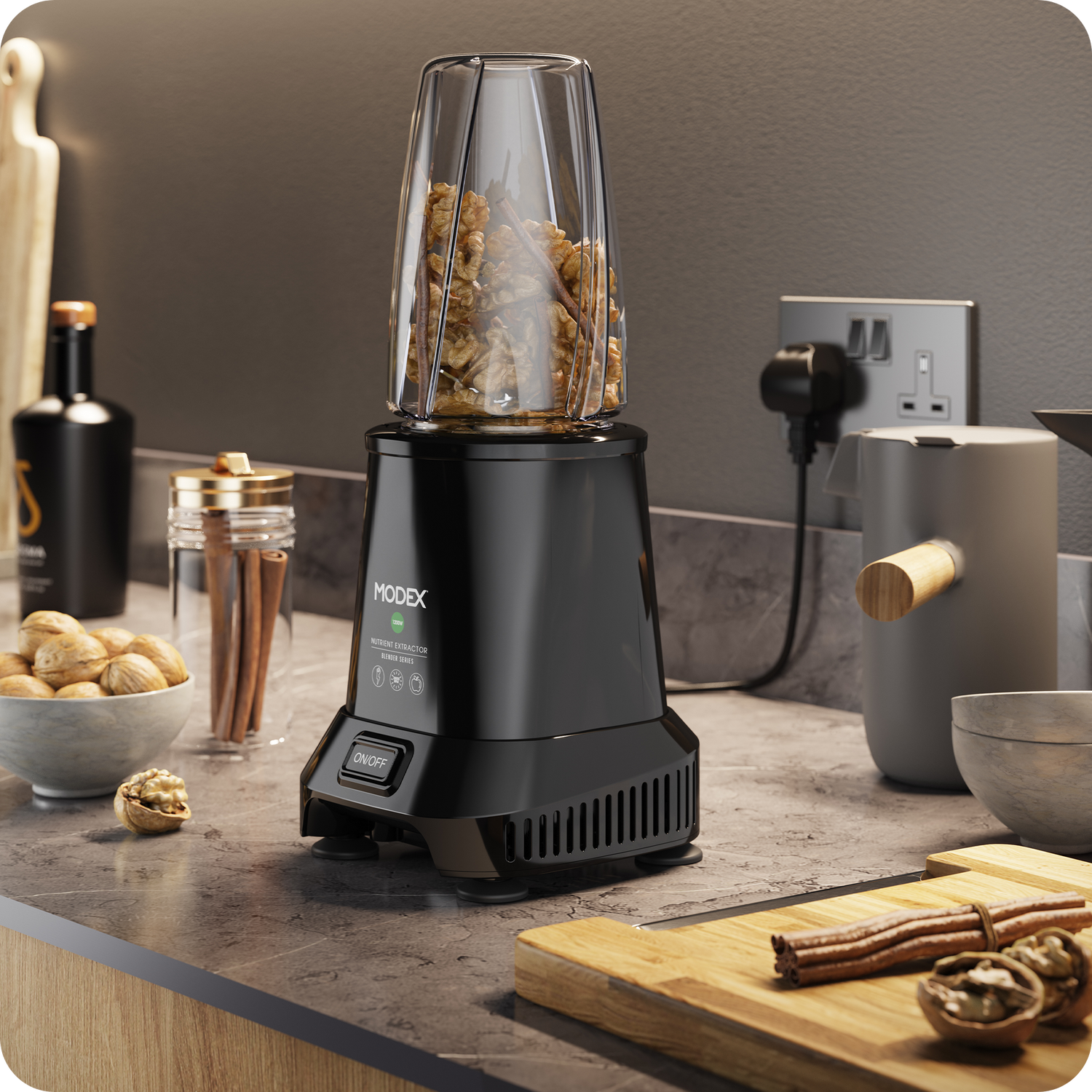 MODEX BL911 blender grinding walnuts in a compact blending cup on a kitchen counter.