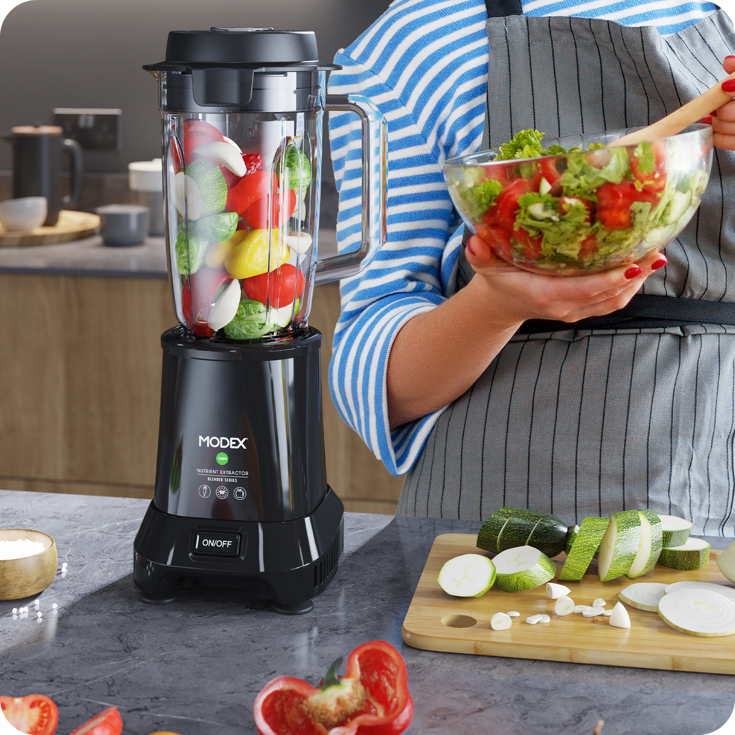 MODEX BL911 blender filled with fresh vegetables beside a bowl of salad.