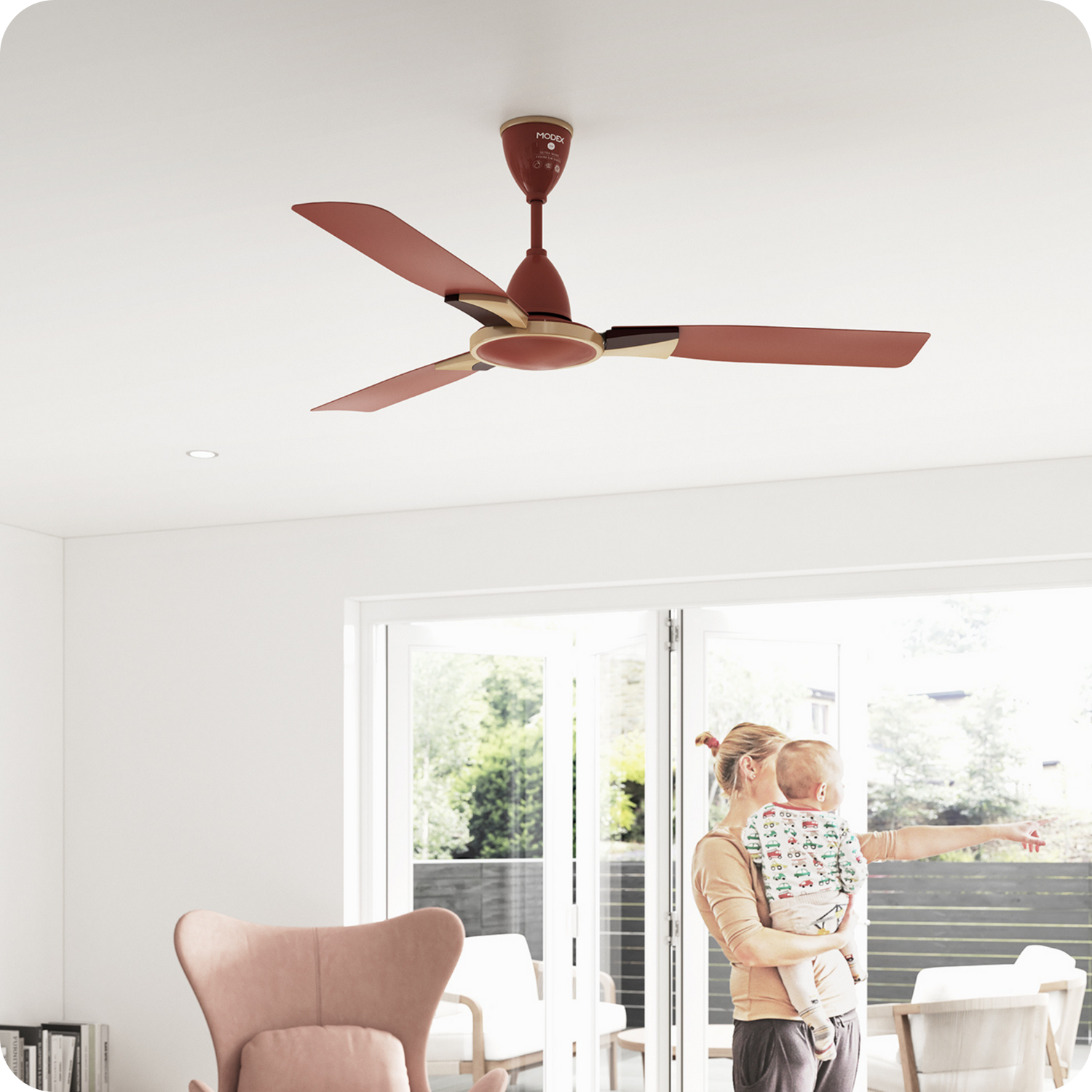 Modex CF5690 ceiling fan styled in a bright modern living room interior