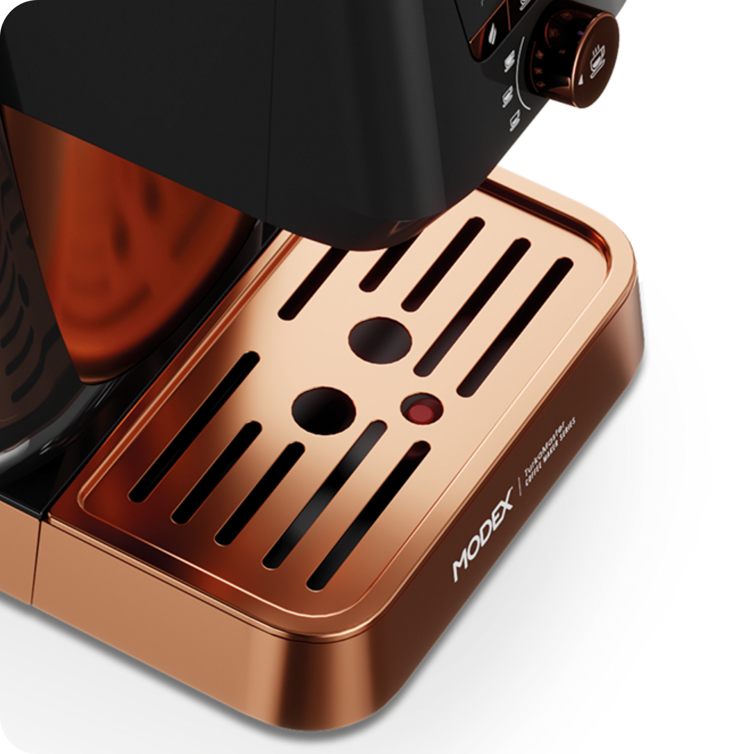 Copper and black coffee machine with MODEX branding on a white background