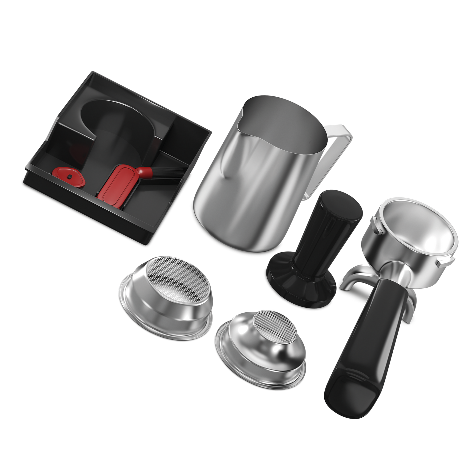 Collection of coffee brewing tools including a black tray with red accents, a silver pitcher, and various metal components on a white background.