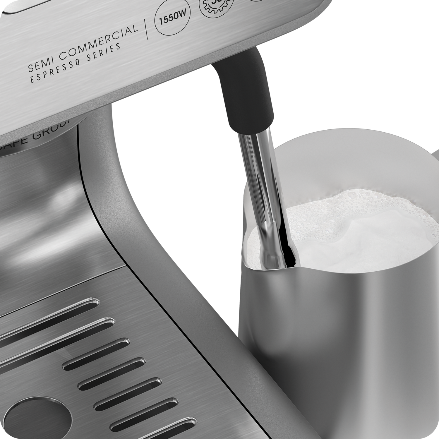 Semi-commercial espresso machine with milk frothing attachment on a white background