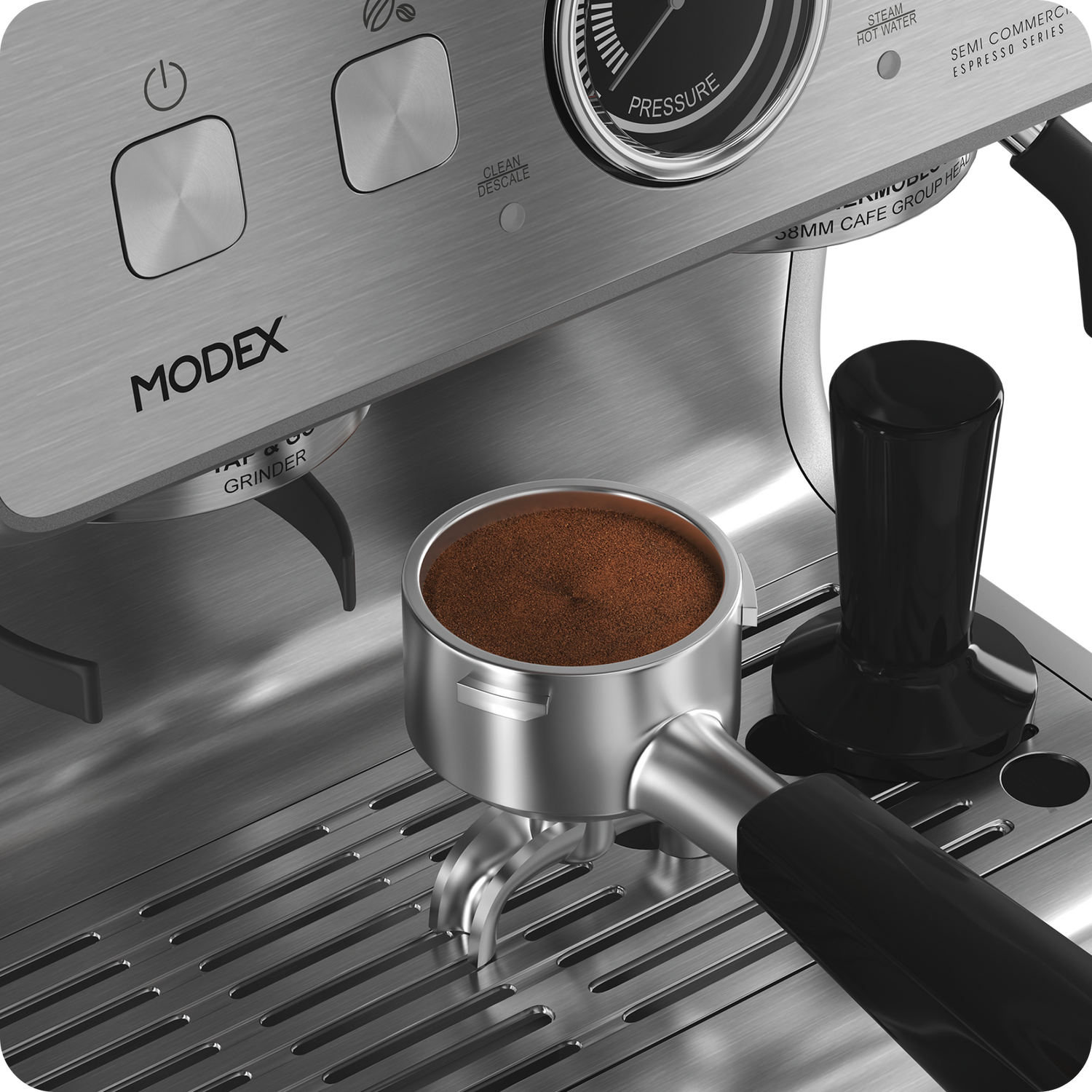 Modex espresso machine with a portafilter filled with ground coffee