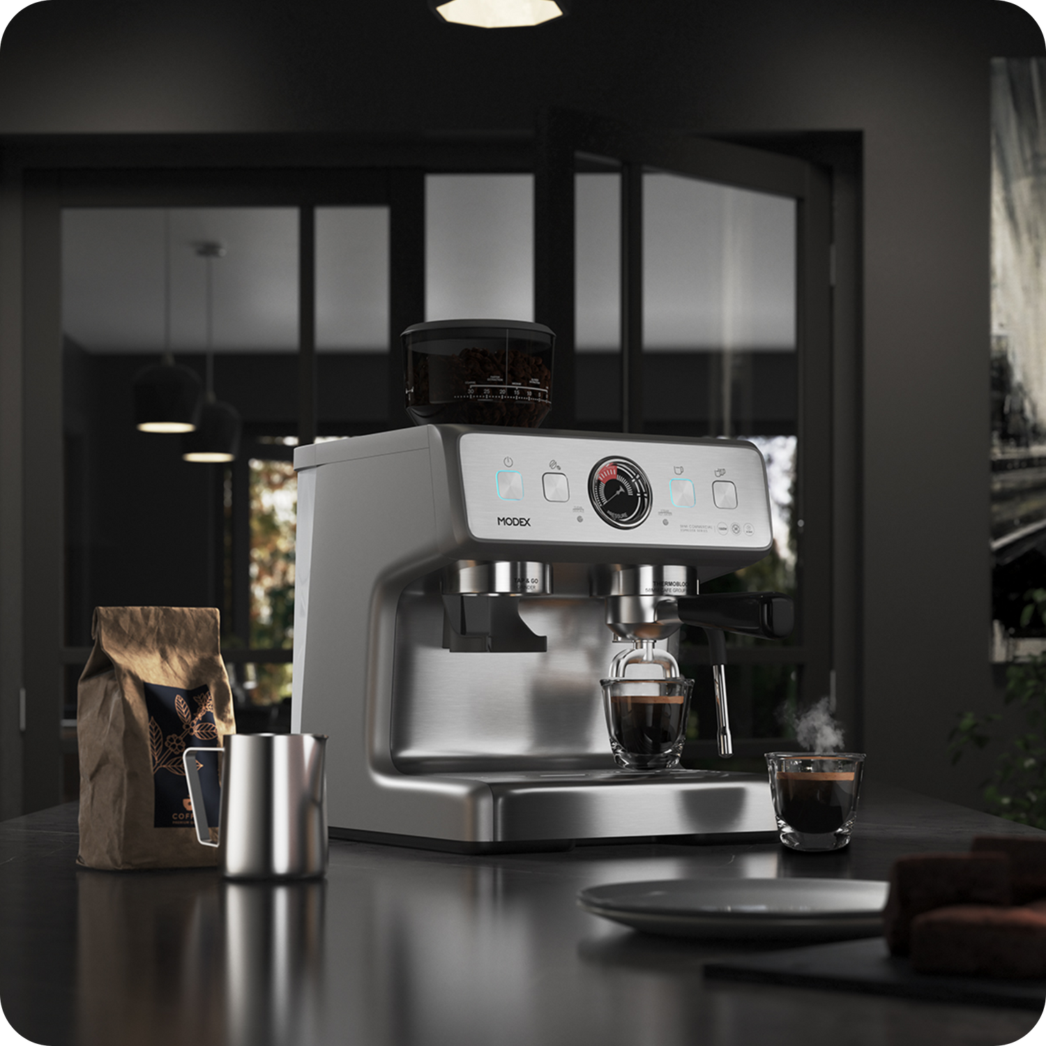 Espresso machine on a kitchen counter with coffee and a bag of coffee beans.