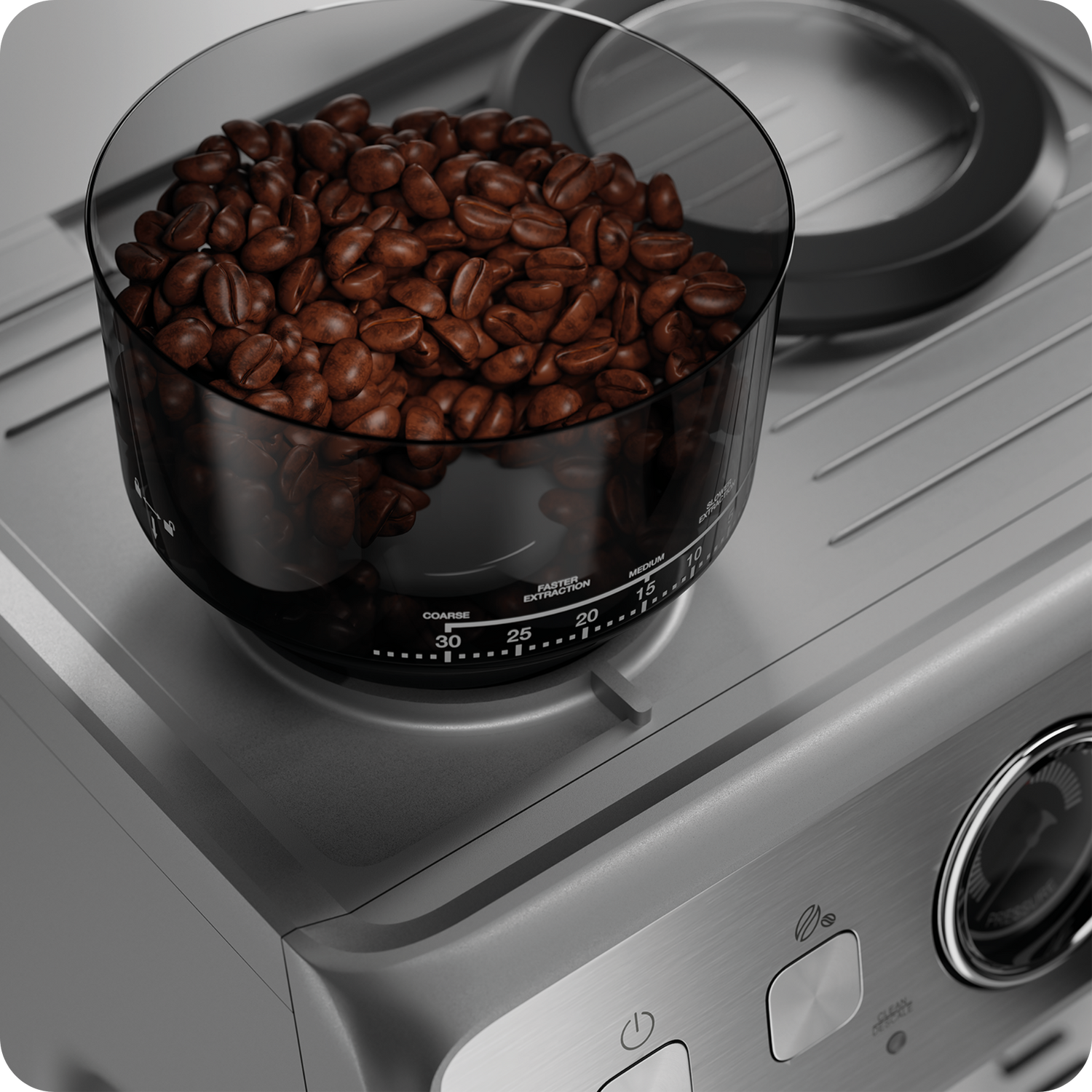 Coffee grinder with a container of coffee beans on a dark background