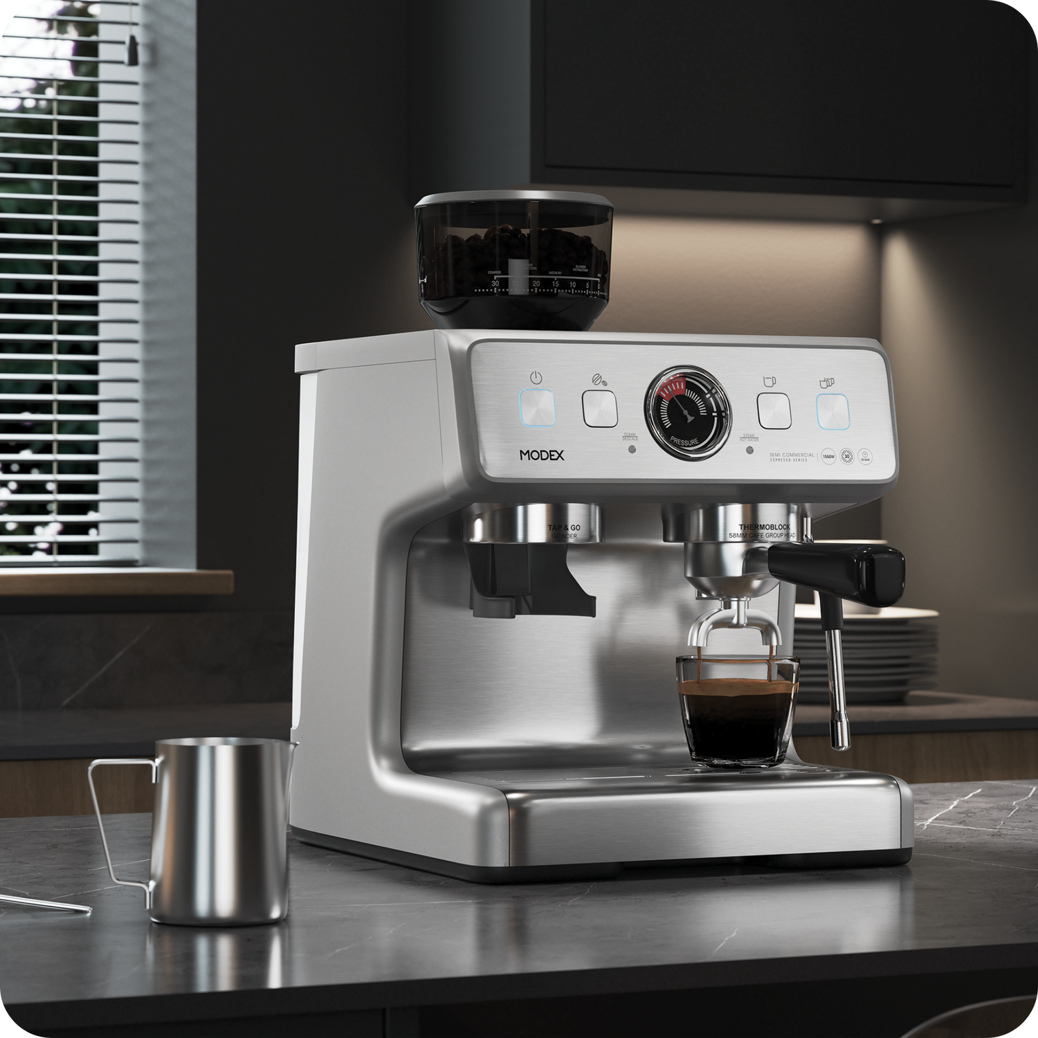 Silver espresso machine on a kitchen counter with a cup of coffee es4700 modex
