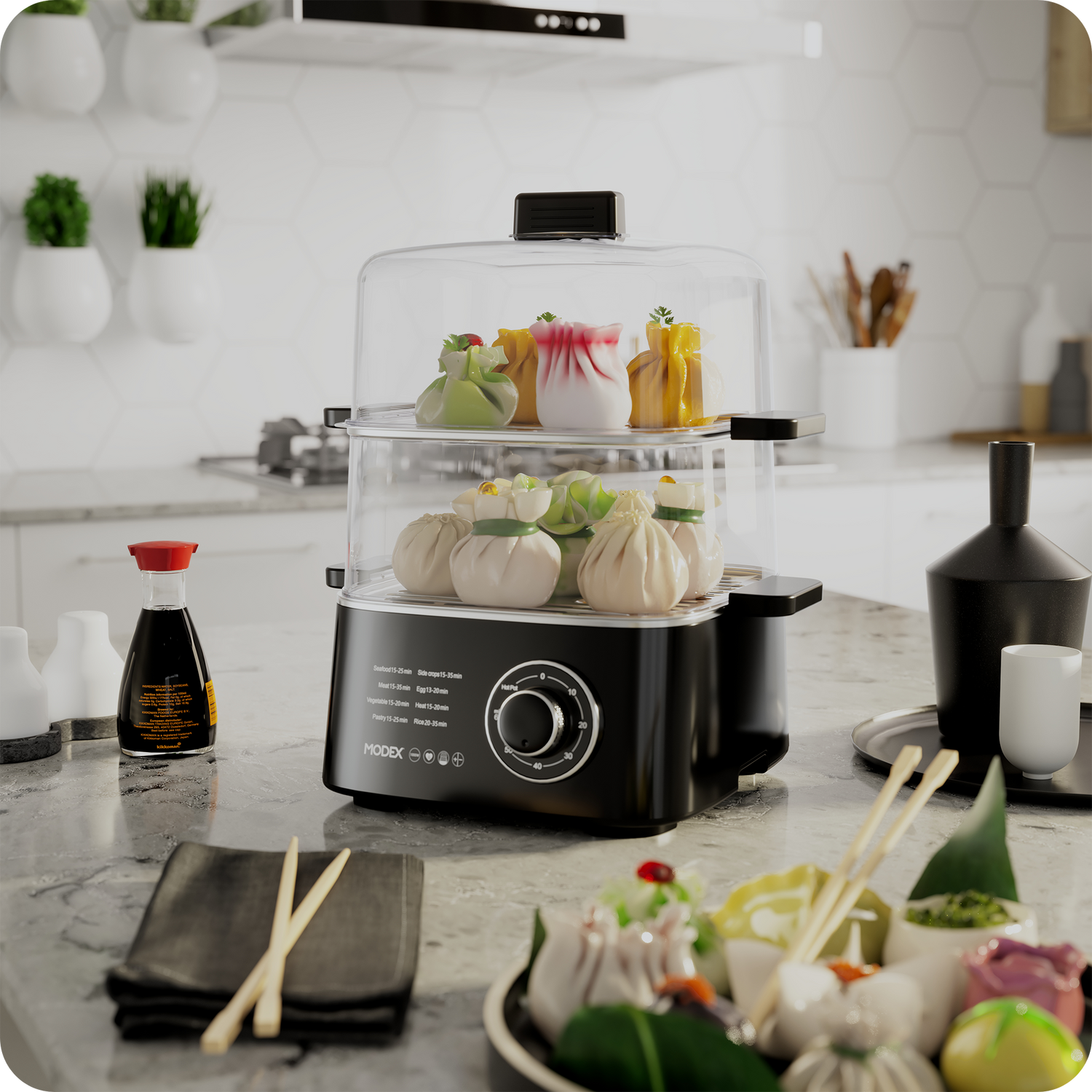 MODEX food steamer with two stacked steaming tiers preparing dumplings and dim sum in a kitchen.