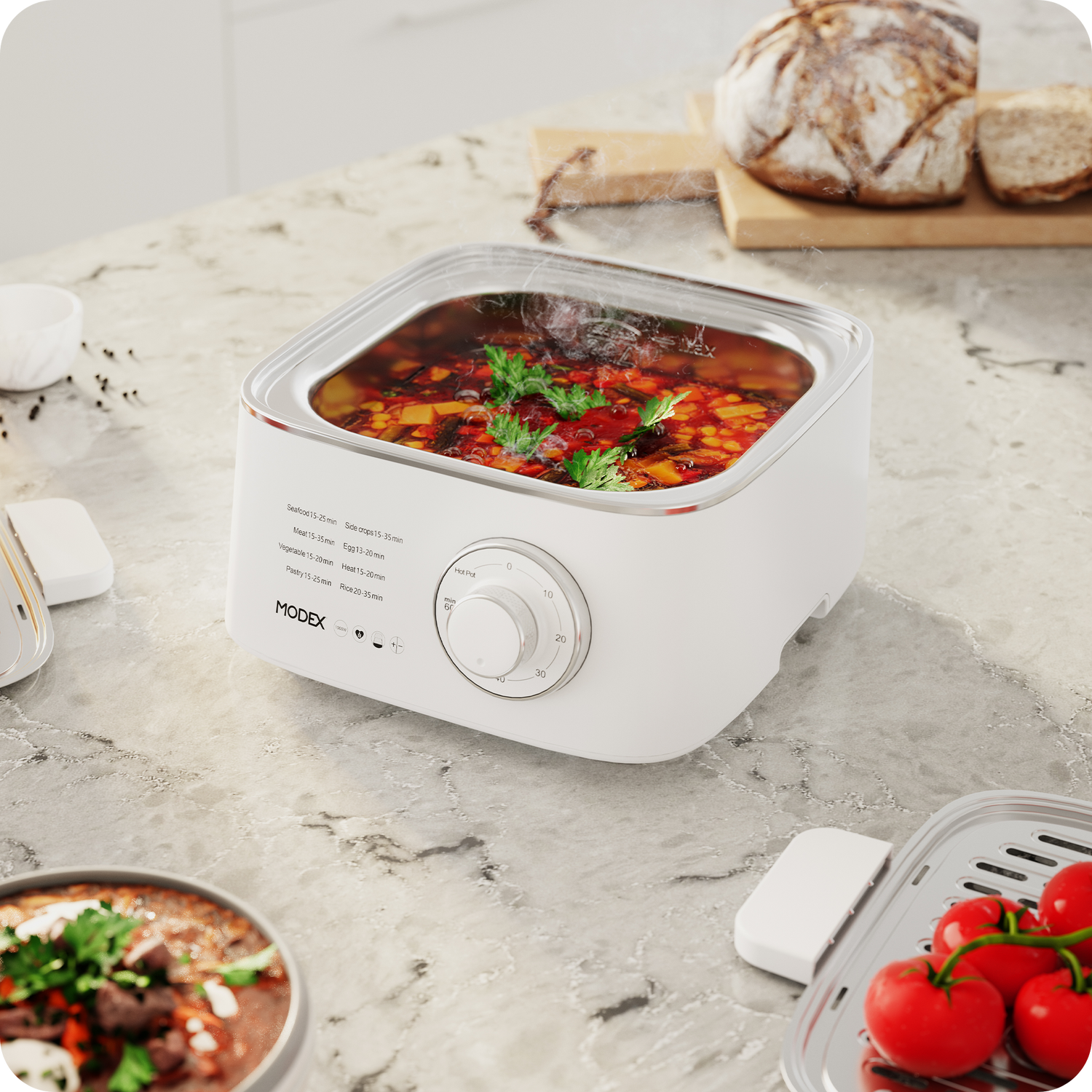 MODEX food steamer base being used to heat a hot dish with steam rising from the container.