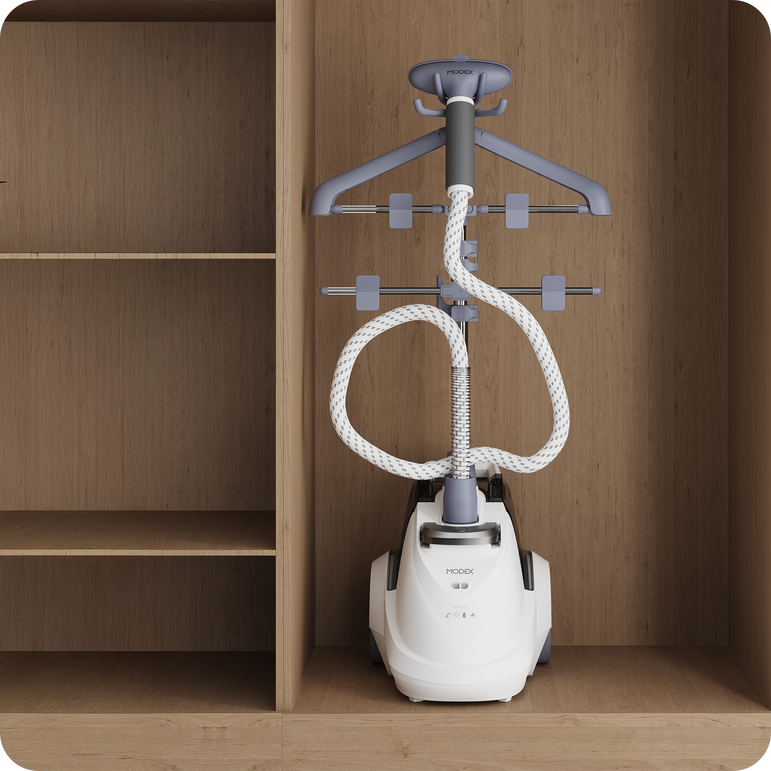 Garment steamer stored neatly inside a wooden wardrobe.