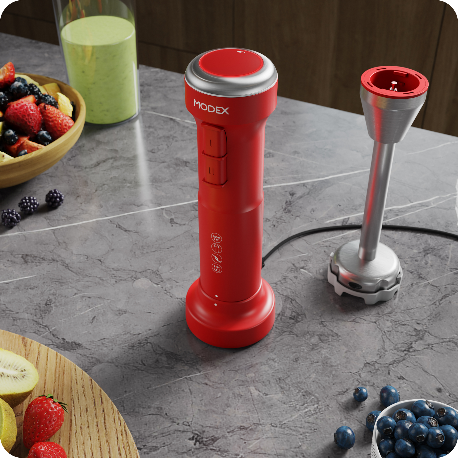 Rechargeable hand blender with detachable stainless steel blending rod displayed on a kitchen counter.