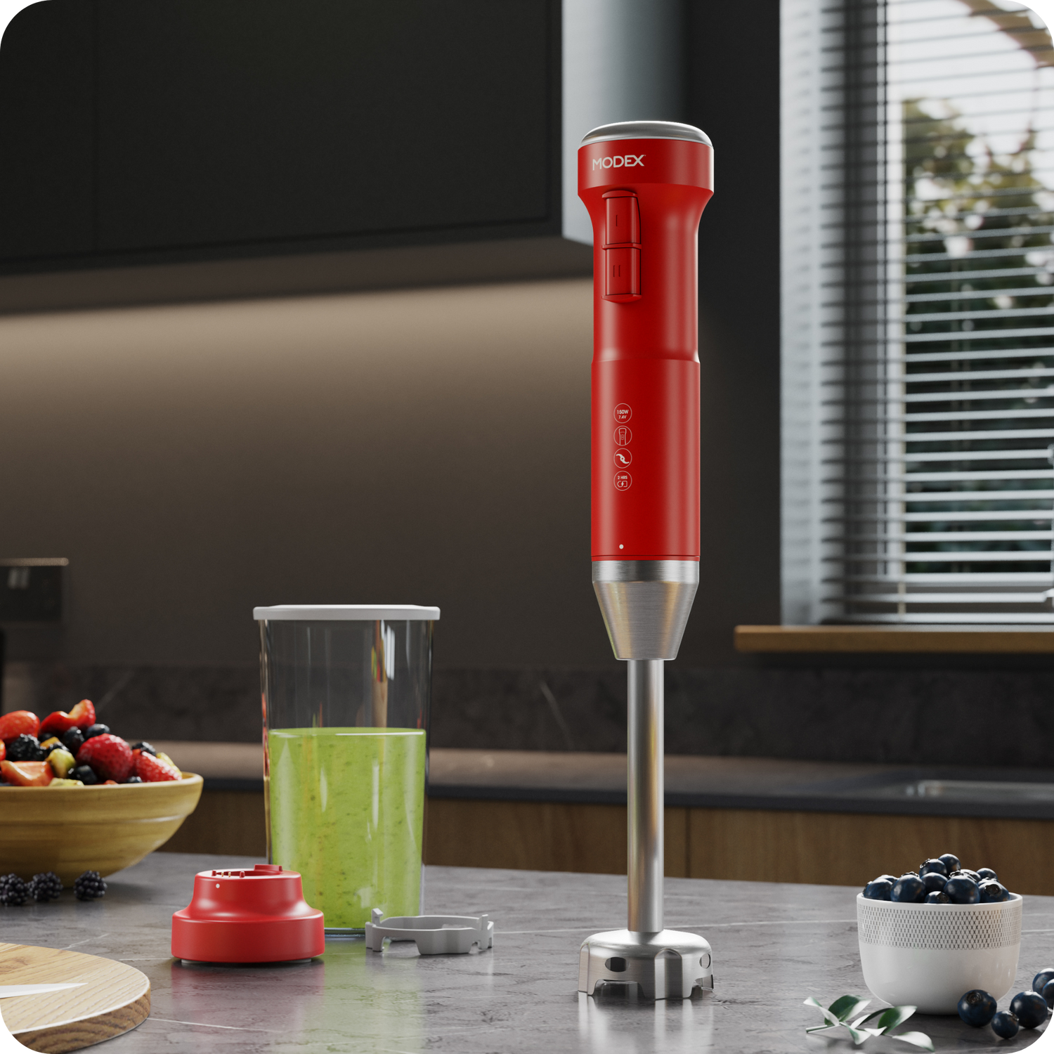 MODEX hand blender standing upright on a kitchen counter beside a blending cup and ingredients.