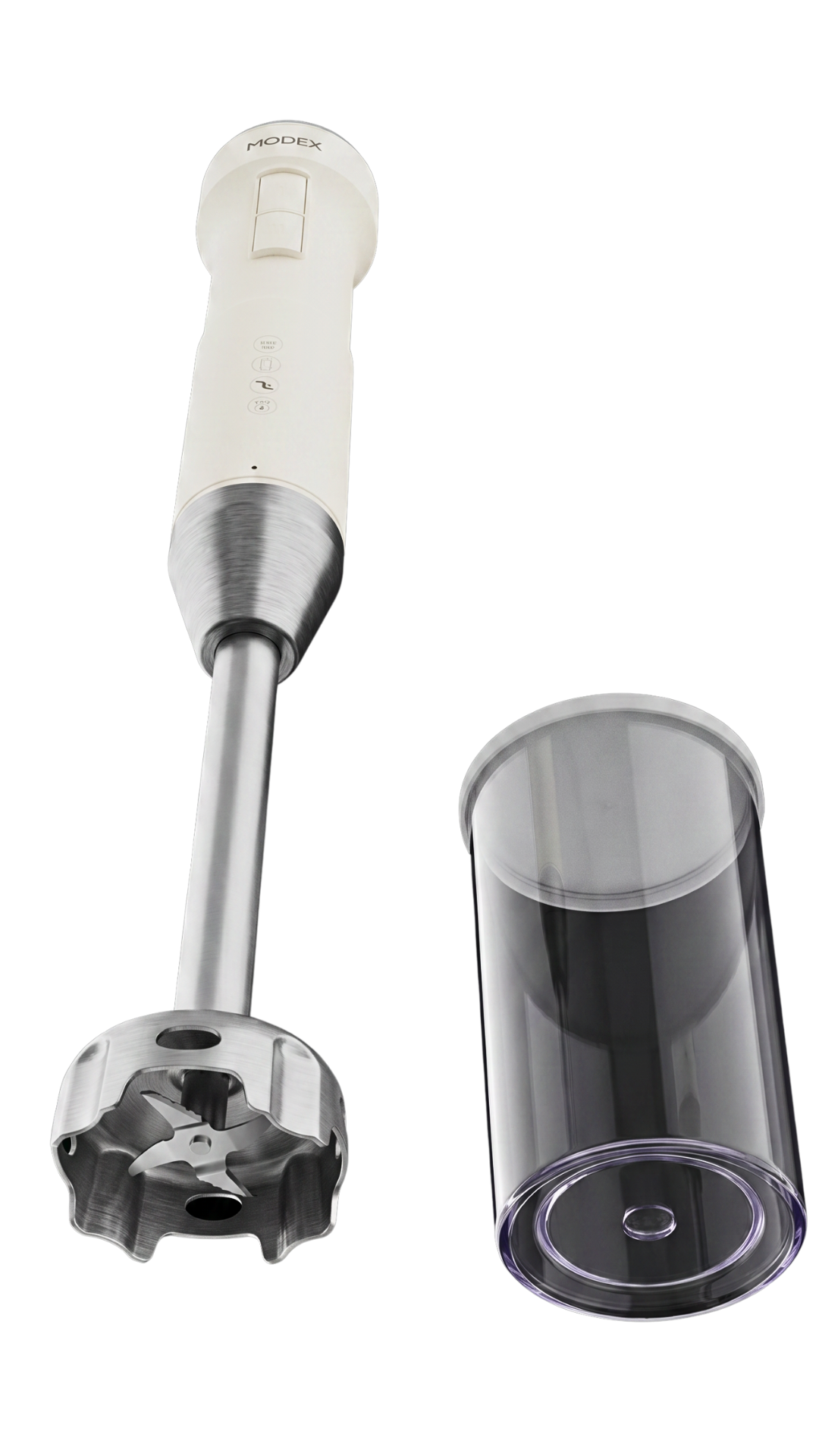 Handheld blender with attachments on a white background