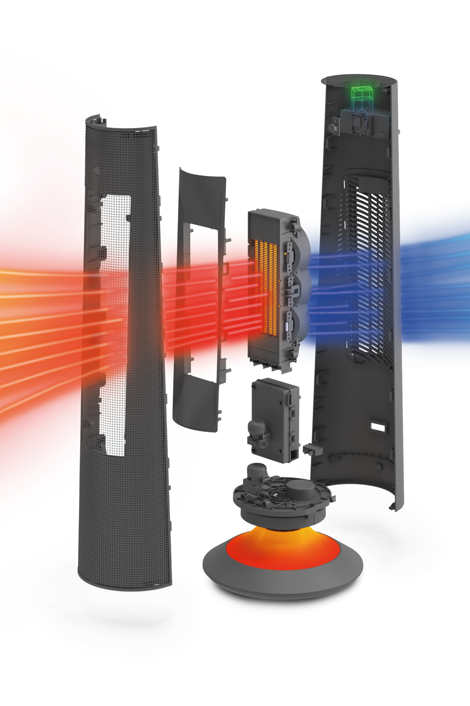 ptc6500 ptc black heater Tower fan with heat and cold indicator lights on a white background