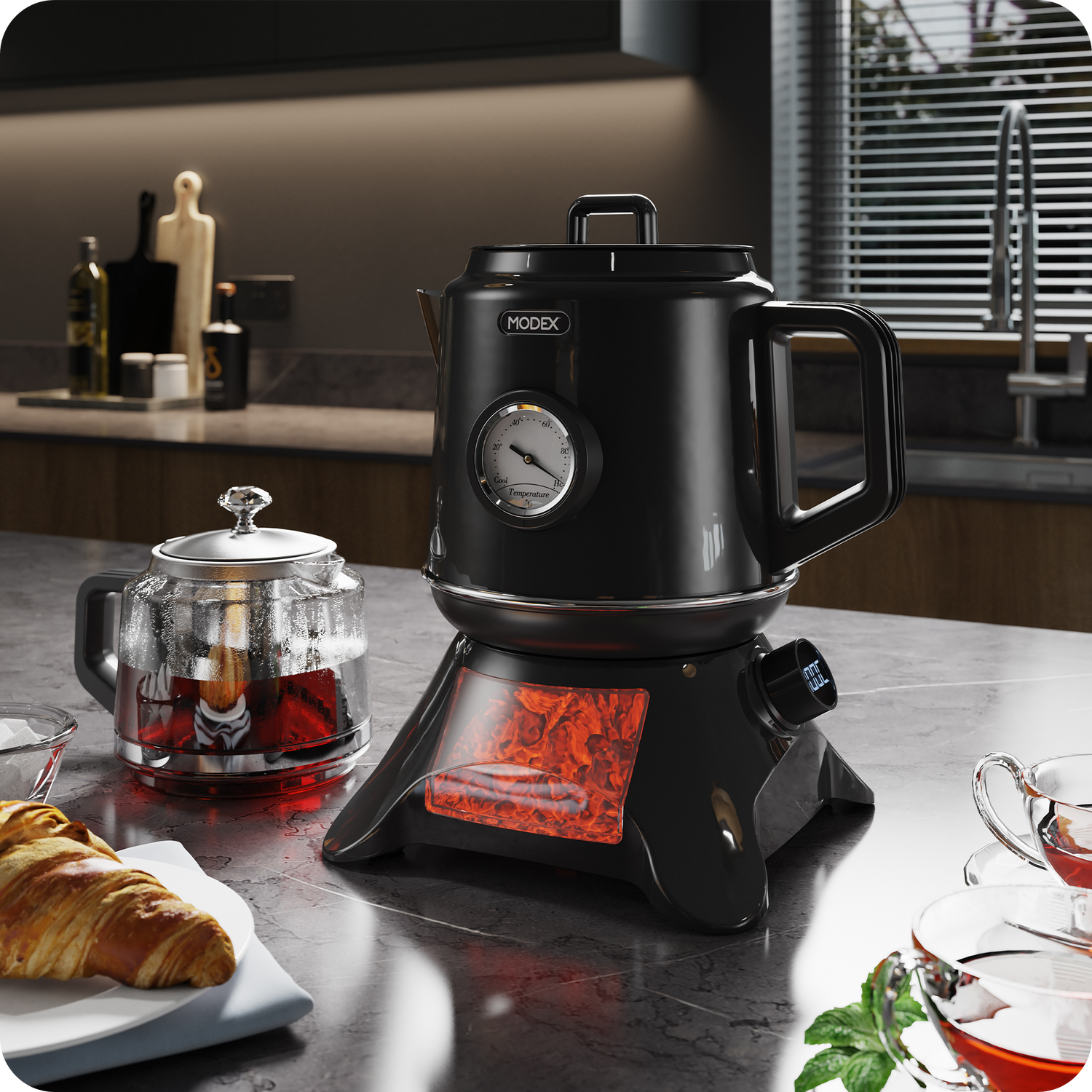 Modex TCS8010 tea maker, elegant black tea maker with glowing base and glass teapot on kitchen counter