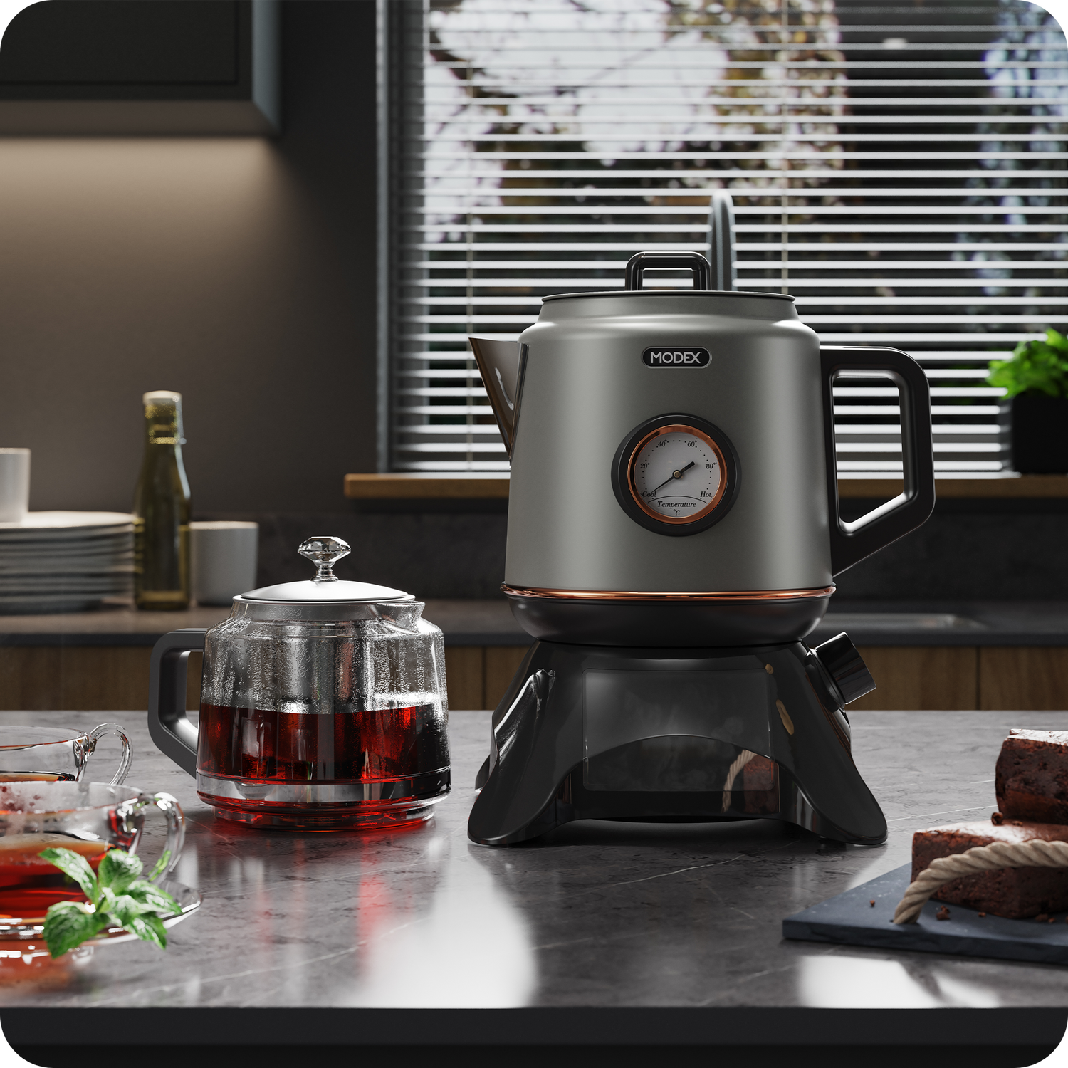 Modex TCS8010 tea maker, silver premium tea maker with separate teapot and front temperature gauge